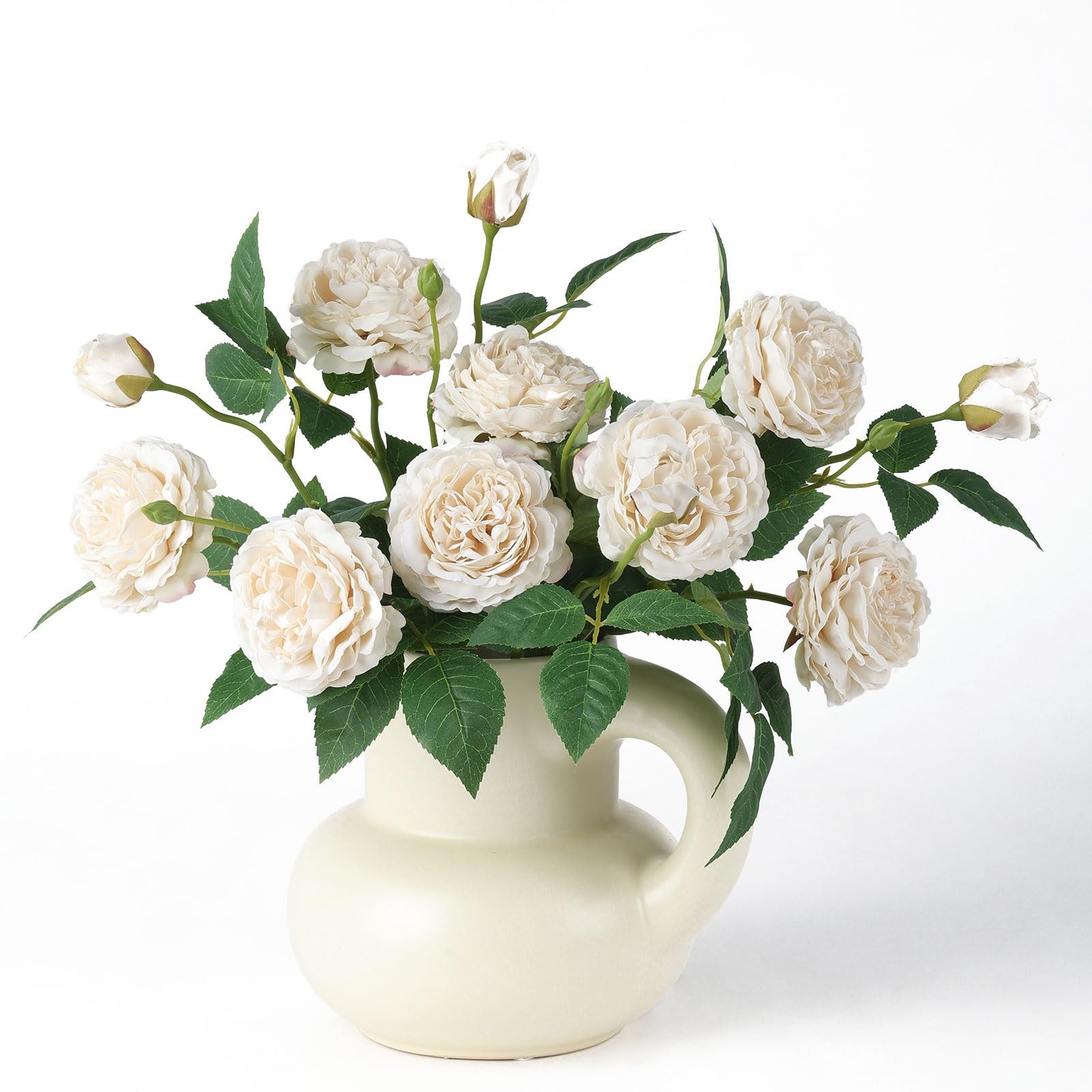 4Pcs Beige Artificial Roses Flowers Fake Silk Rose Flower with Leaves Stems R…