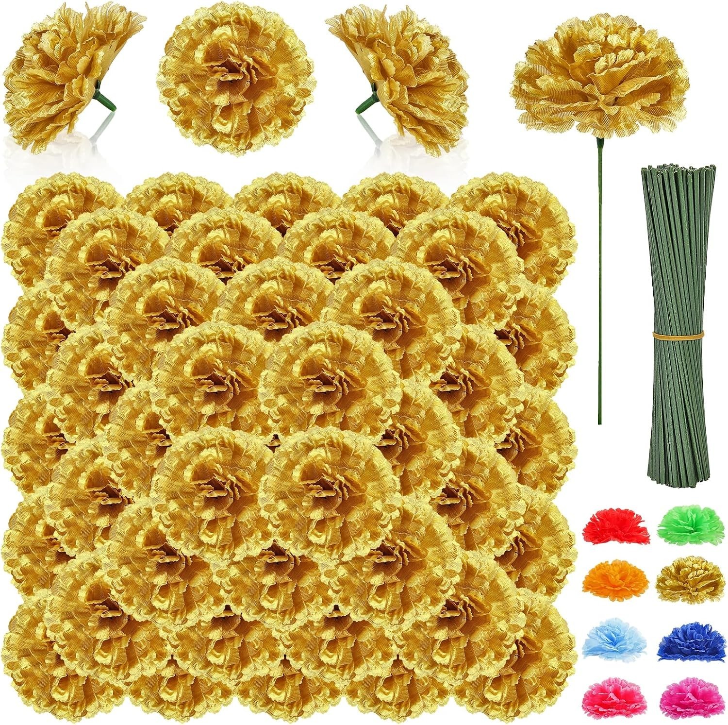 108pcs Carnation Head Flowers with Stem – Gold Artificial Flowers Carnations …