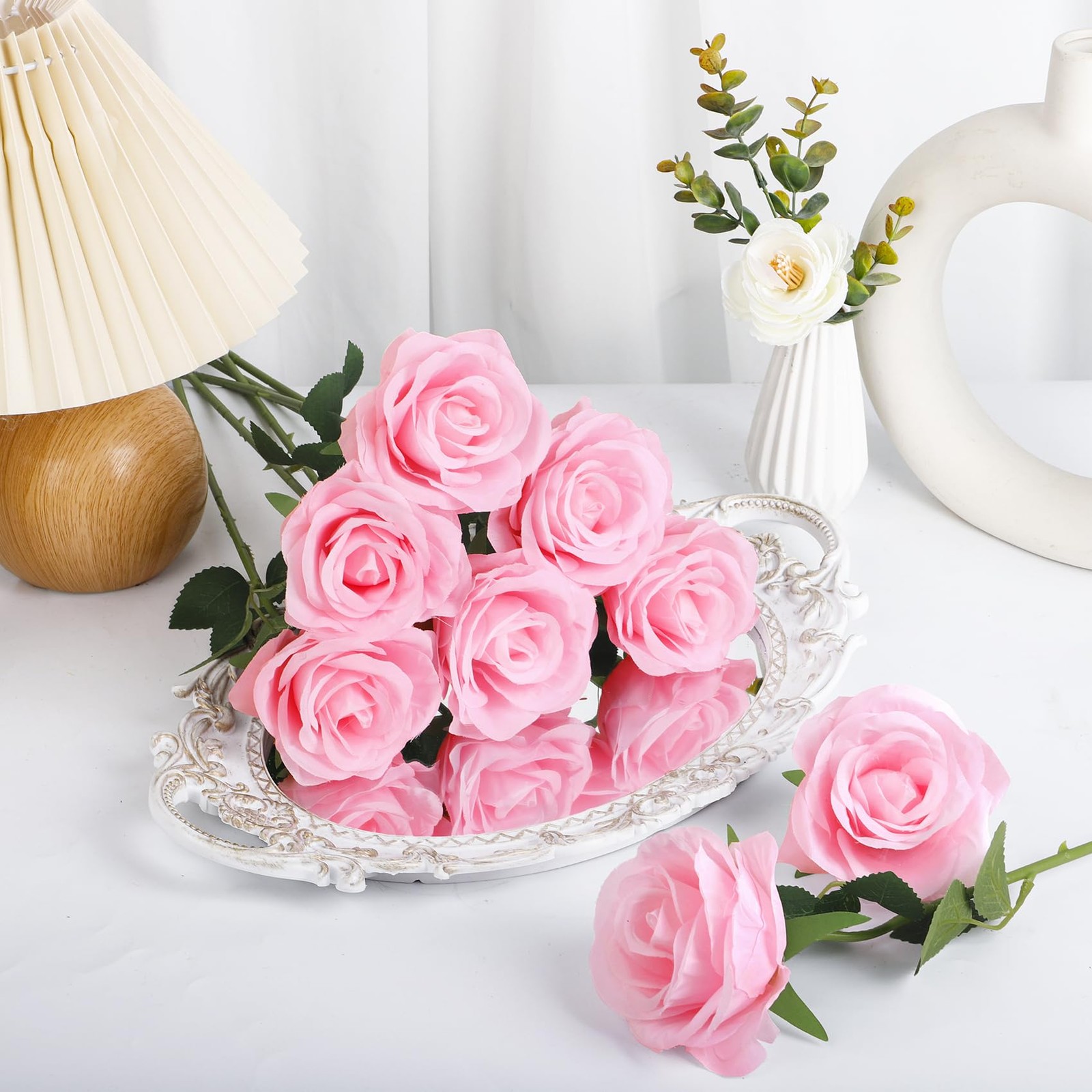 20 Pcs Pink Roses Artificial Silk Flowers Fake Roses Bouquet with Long Stems …