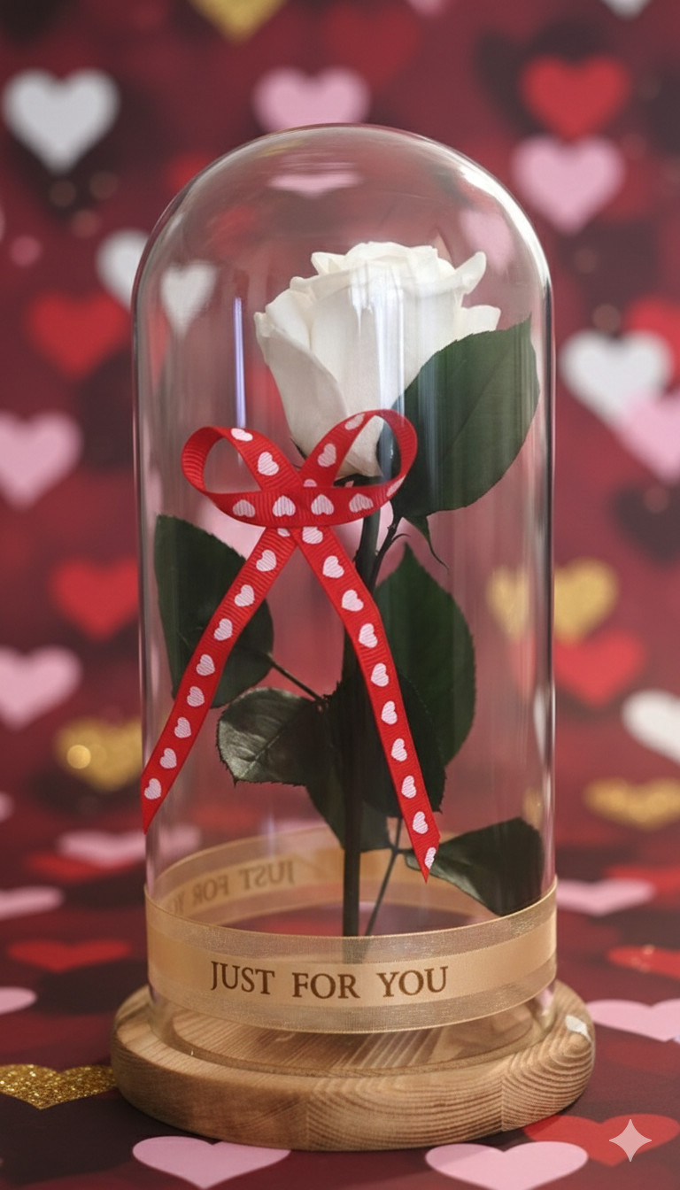 Rose Eternal White Real Flower in Glass Dome Lasts 2-3 Years Valentine’s Day Gif
