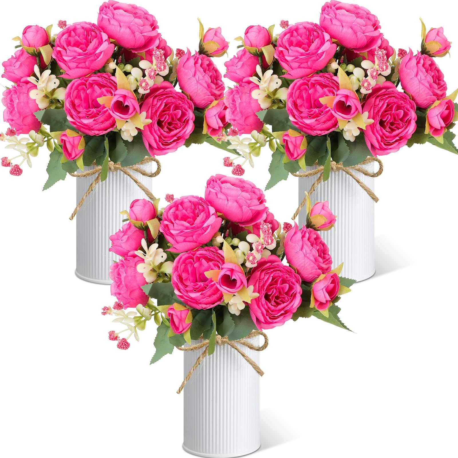 Artificial Peonies Flower Bouquet With Metal Pot Faux Floral Rose Red 3 Sets