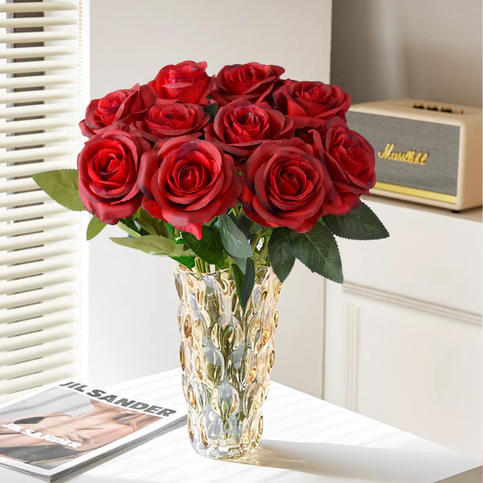 10 Pcs Wine Red Rose Artificial Flower, Faux Silk Flowers With Long Stems, Fa…