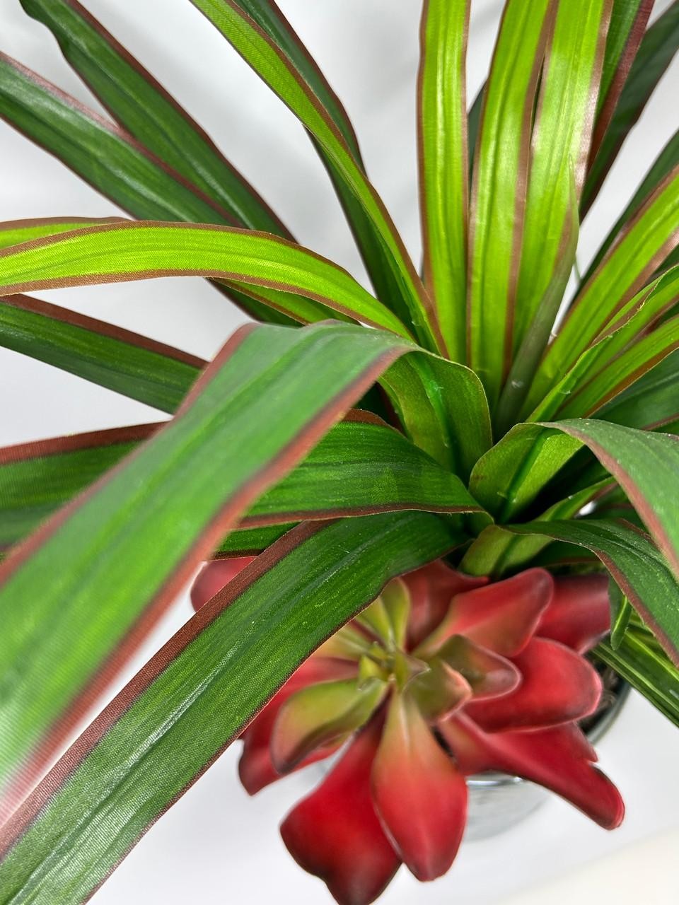 20″ Lg Faux Green-Red YUCCA Silk plant, Red Kalanchoe, Dracaena in Ceramic blue-