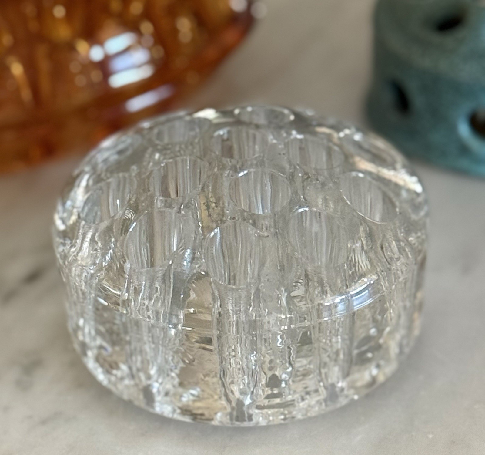 Vintage Thick Heavy Round 16-Hole Glass Flower Frog 3-3/4″ Diameter