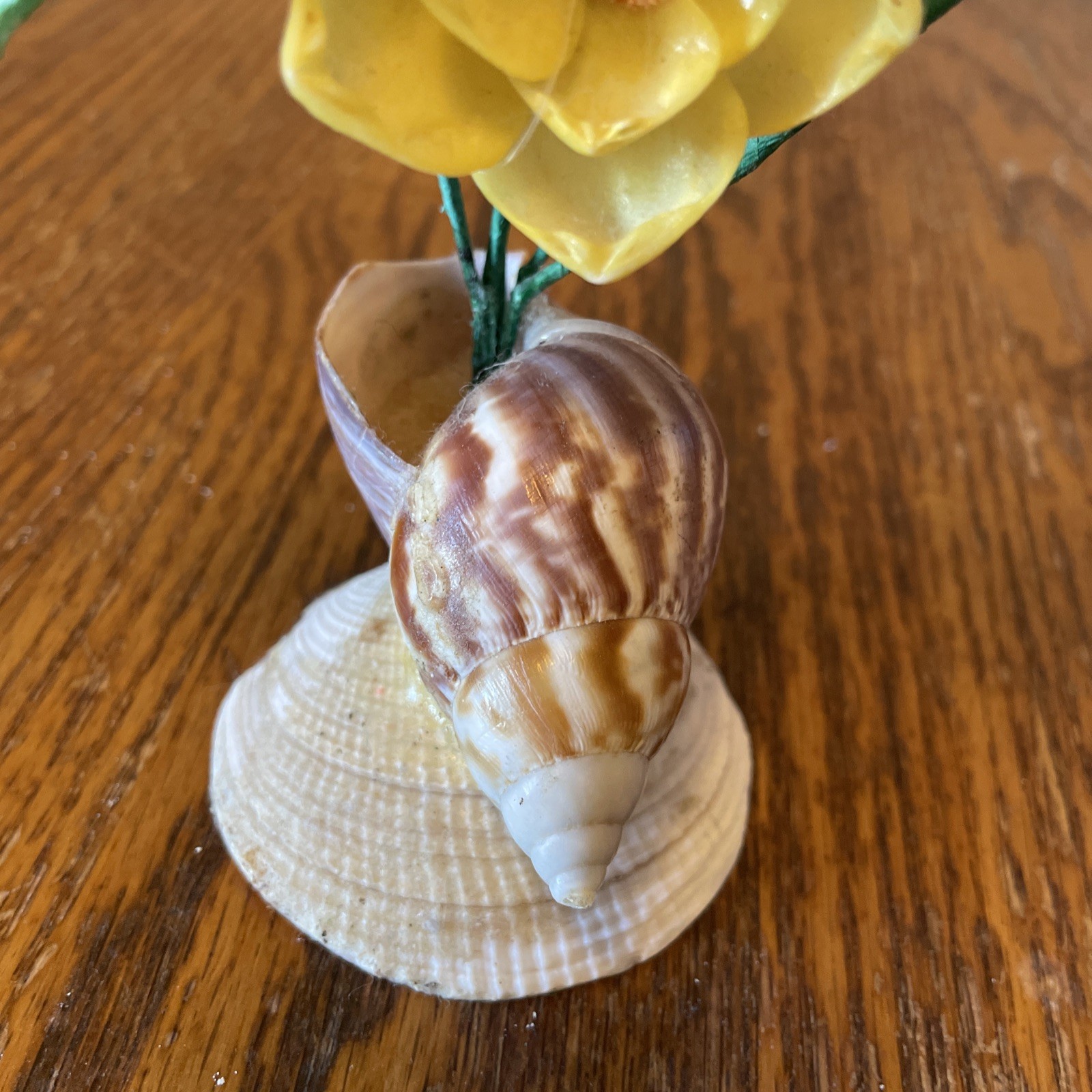 Vintage Handmade Sea Shell Bouquet of Yellow Flowers Floral Arrangement Kitsch