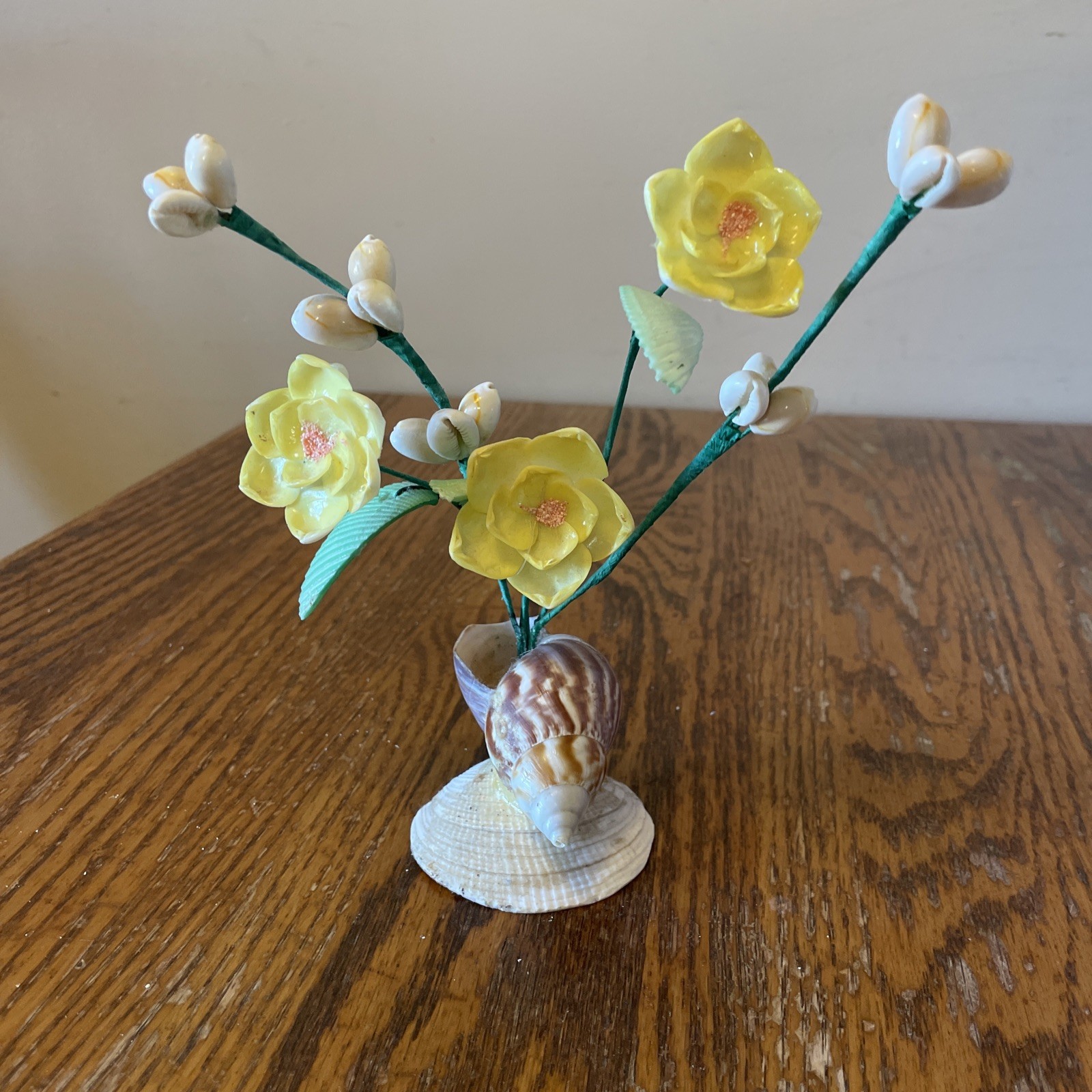 Vintage Handmade Sea Shell Bouquet of Yellow Flowers Floral Arrangement Kitsch