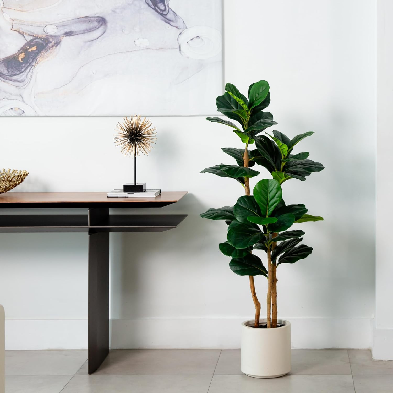 4Ft. Artificial Fiddle Leaf Tree in Stylish White Planter –