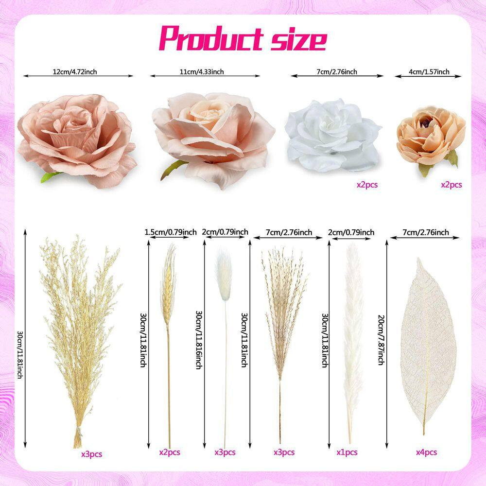 1 In. 22-Pieces Artificial Plant White Boho Cake Topper Dried Pampas Grass Rose