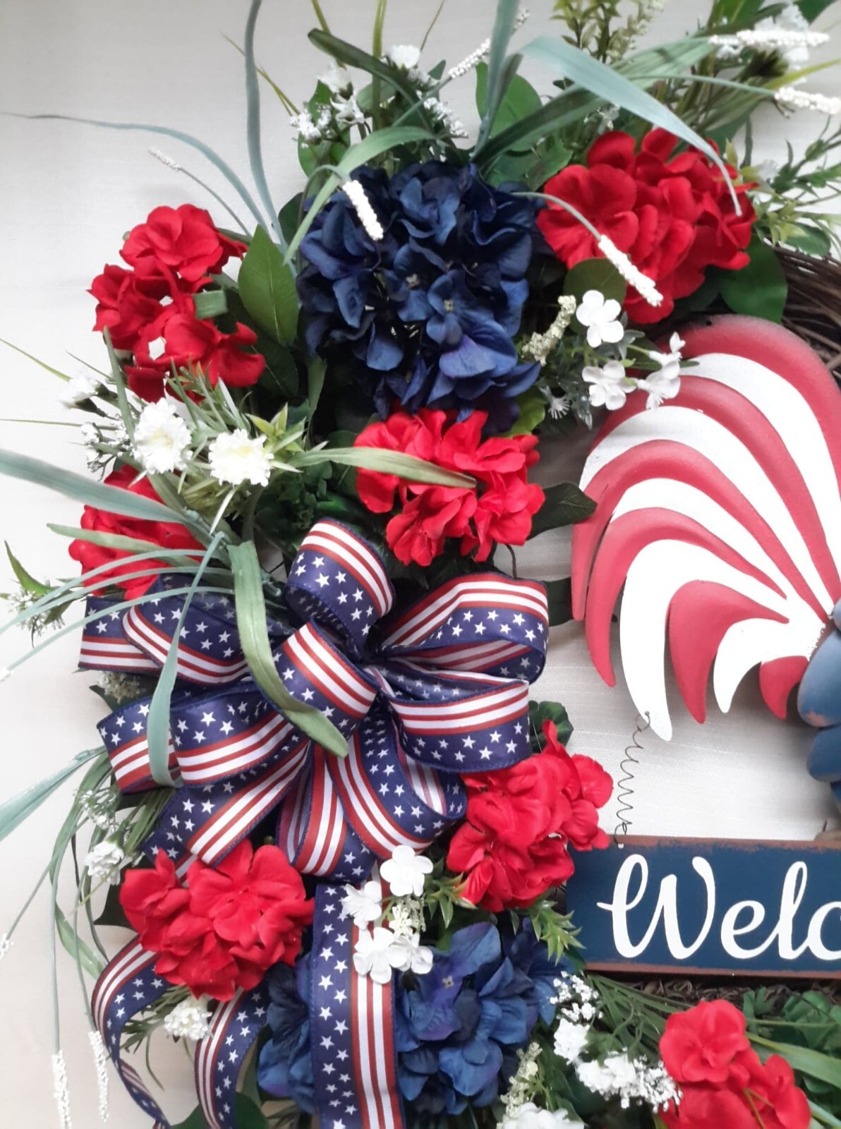 Patriotic Door Wreath Rooster Flower Door Decor USA Memorial Day Fourth of July