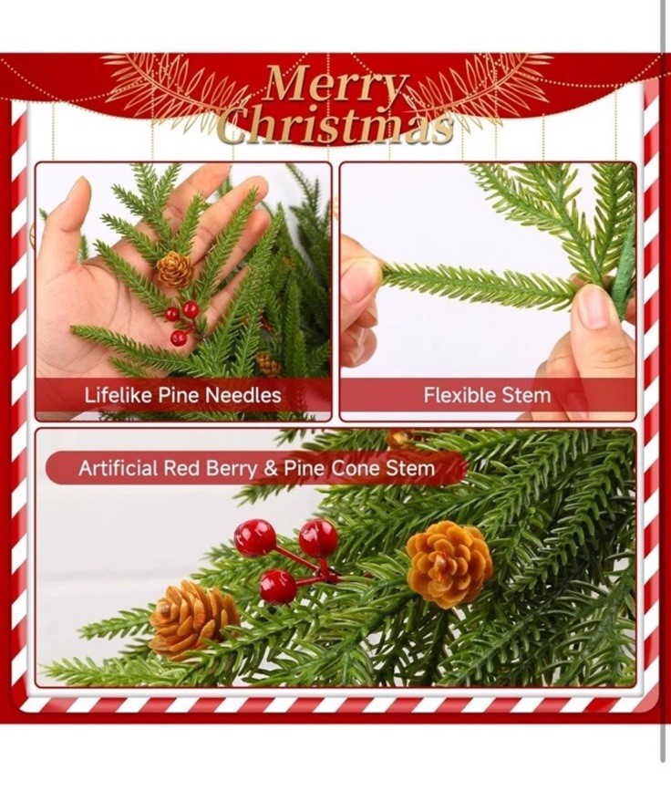 24PCS 17″ Artificial Pine Branches Christmas Decorations, Fake Cedar Stems