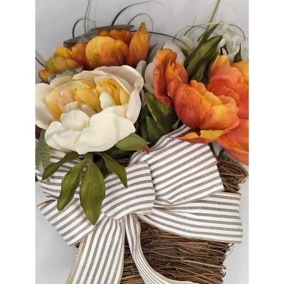 Ashland Fall Peony Floral Wall Hanging Grapevine Straw Basket Farmhouse Country