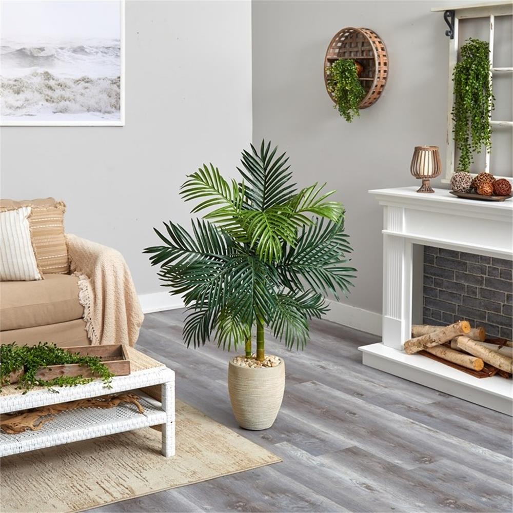 Pemberly Row 54″ Golden Cane Palm Artificial Tree Oval Planter in Green/Beige