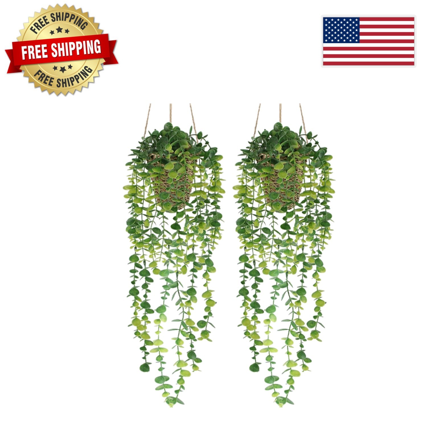 2 Pack Faux Eucalyptus Hanging Plants in Handmade Woven Baskets for Home Decor