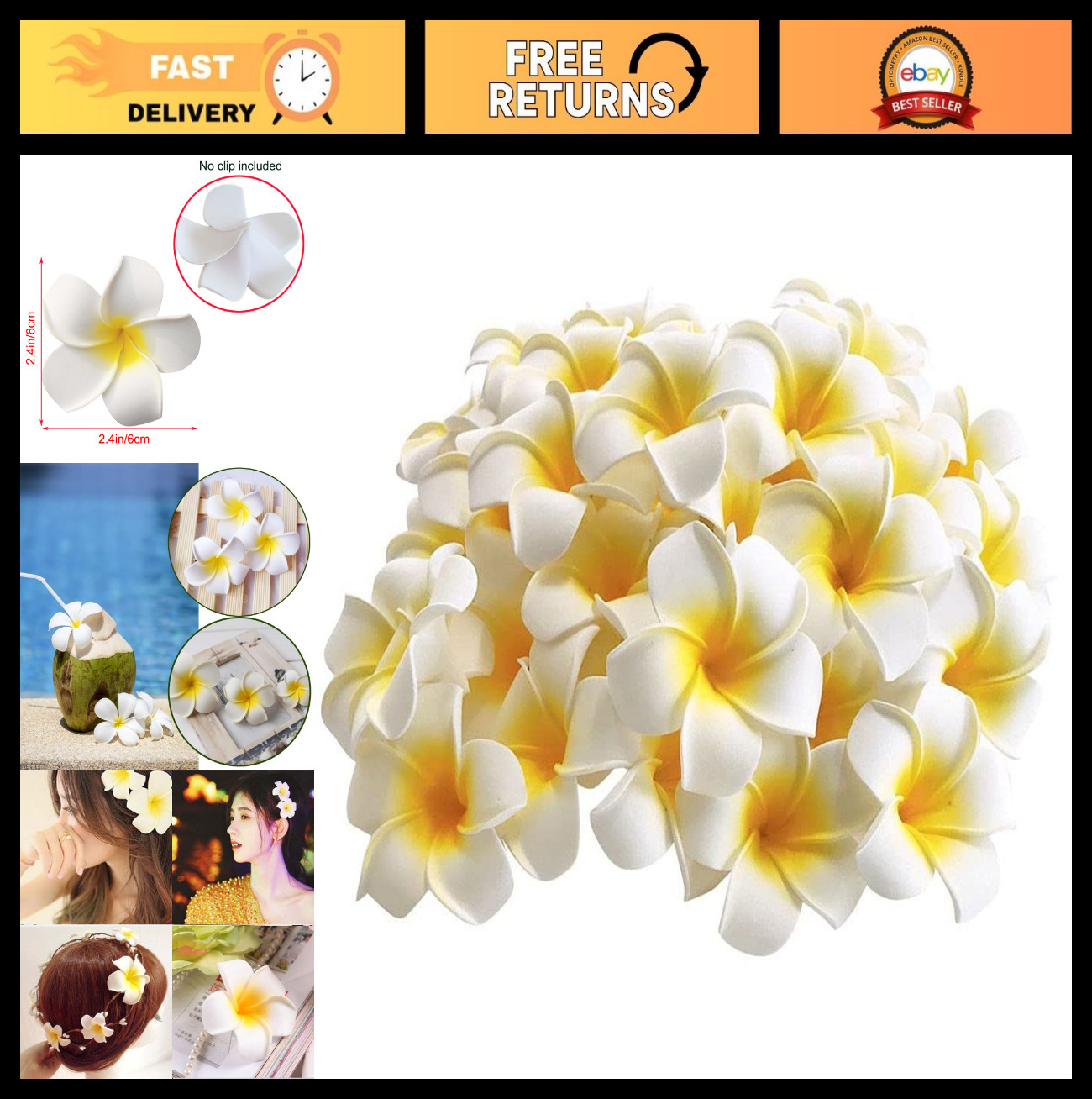 50Pcs 2.4″ White Foam Plumeria Flowers – DIY Beach Wedding Decor, Hair & Hat Pet