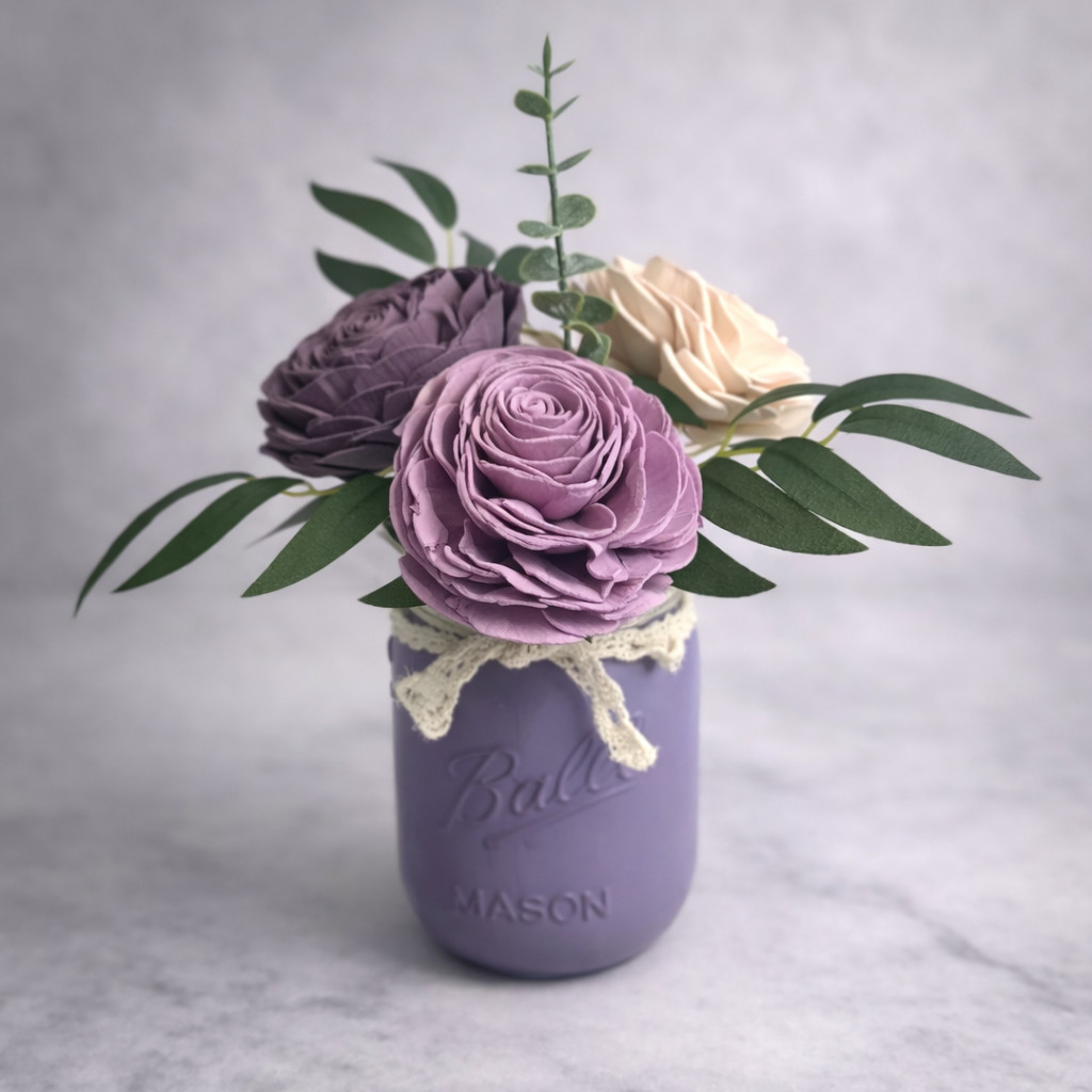 Sola Wood Ivory Purple Rose Flower Centerpiece Mason Jar Arrangement Gift Decor