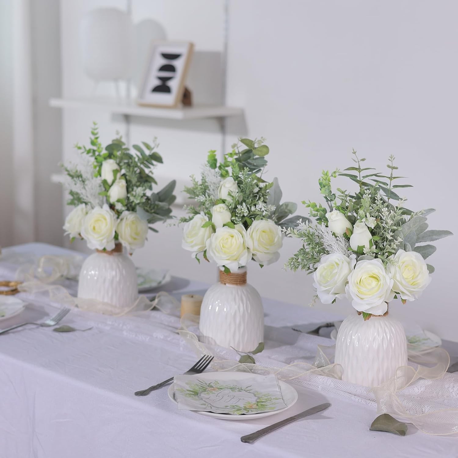 Artificial Flowers with Ceramic Vase,Faux Silk Roses and Fake Plant Eucalyptus