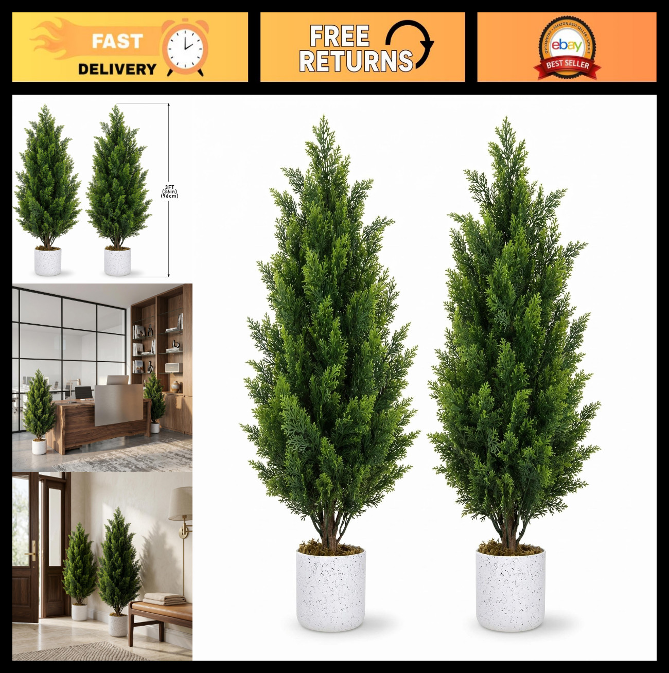 2 Pcs 3FT Artificial Cedar Trees – Evergreen Fake Pine Topiary, Indoor/Outdoor D