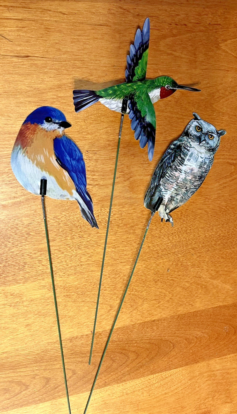 Bird Picks Lot of 3 Decorative Plastic on Wire Stems Owl, Hummingbird, Blue Bird