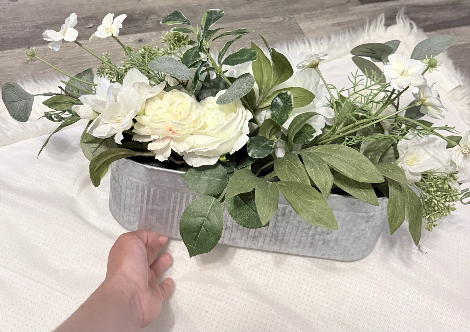 Hobby Lobby Artificial Peony Arrangement White Green Silk in Metal Container