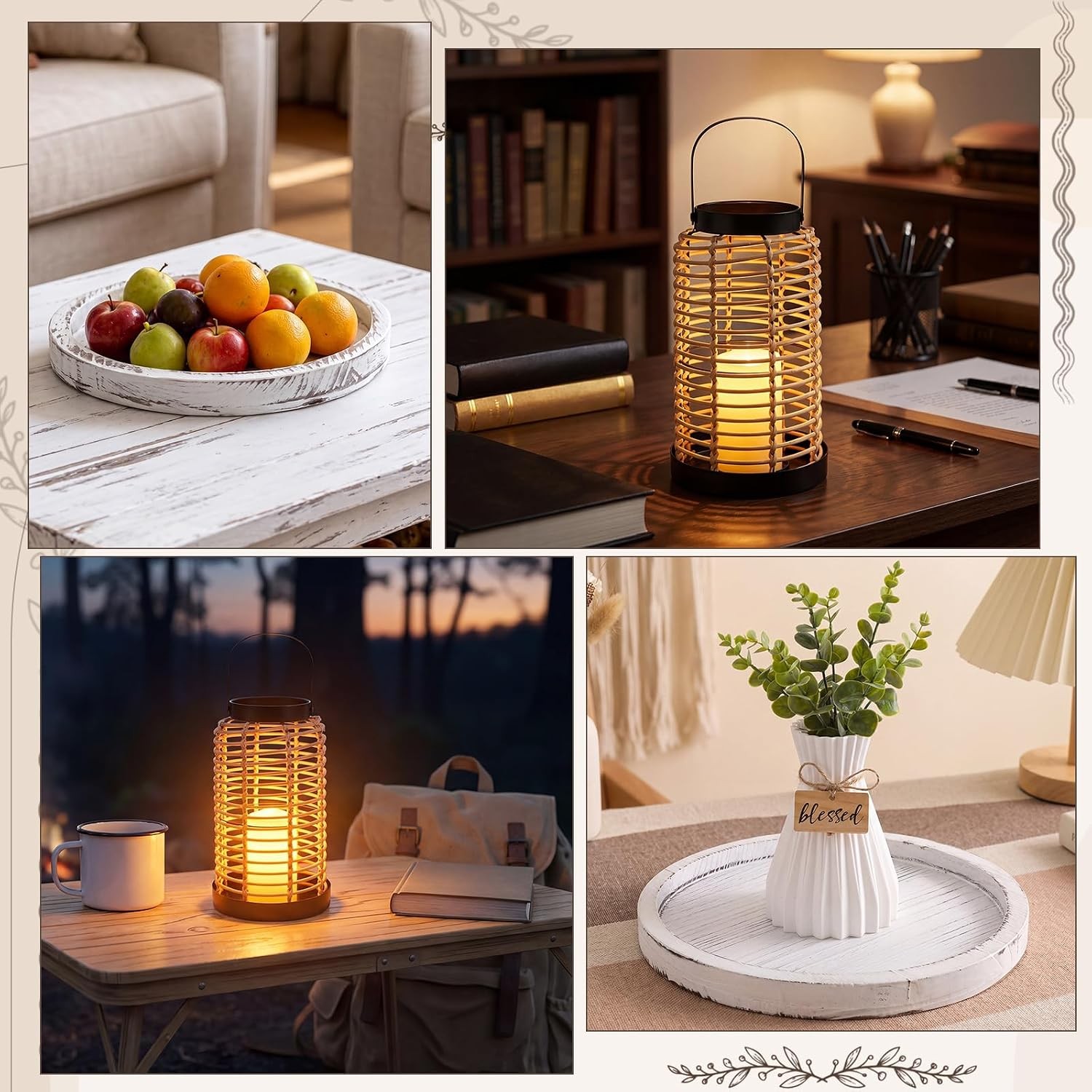6 Pcs Natural Rattan Boho Lanterns Rustic Farmhouse Decor Dining Table