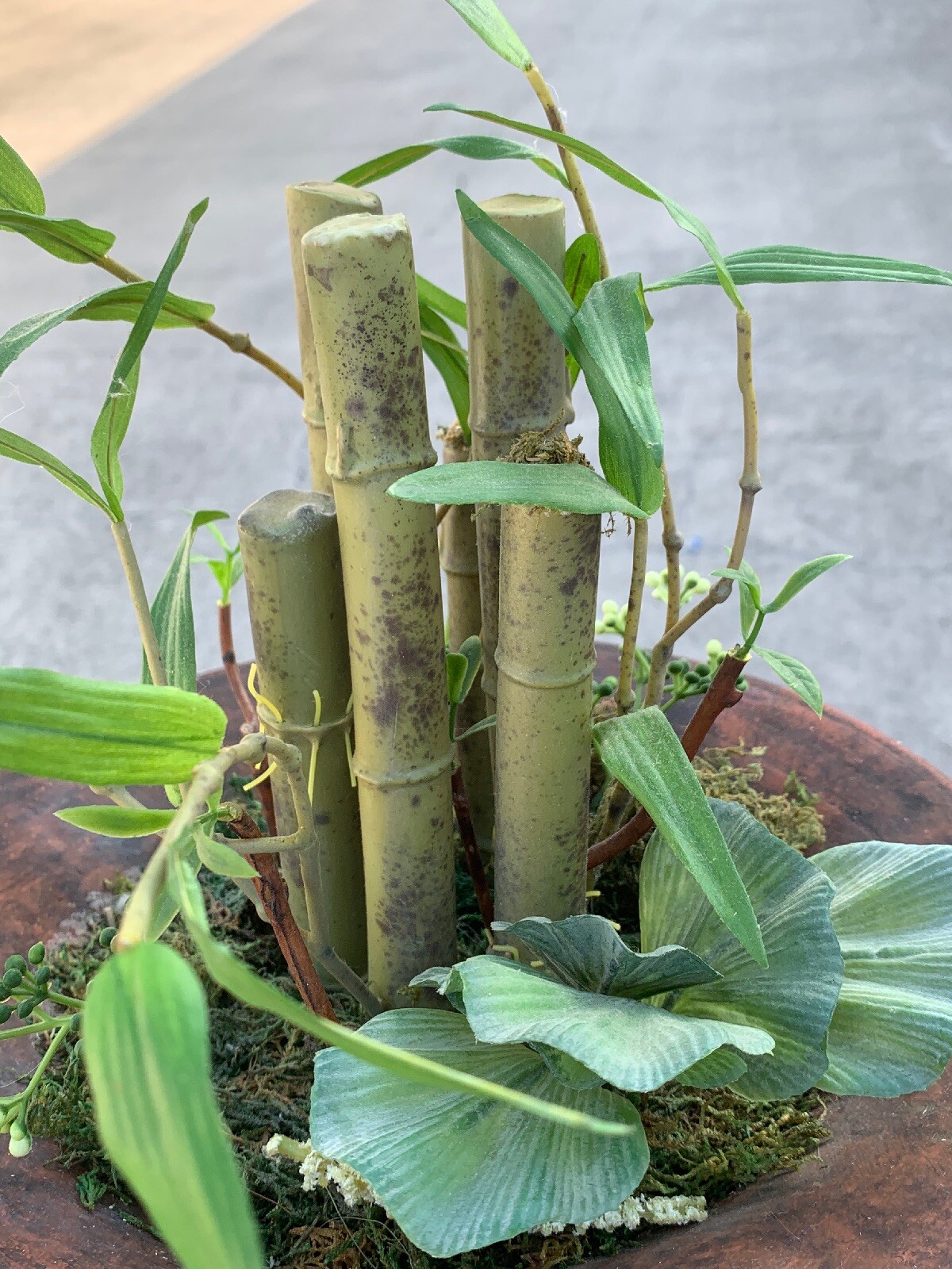 Vintage Rustic Stone Pot & Bamboo Terrarium Table Arrangement Floral 11″ ❤️sj3j