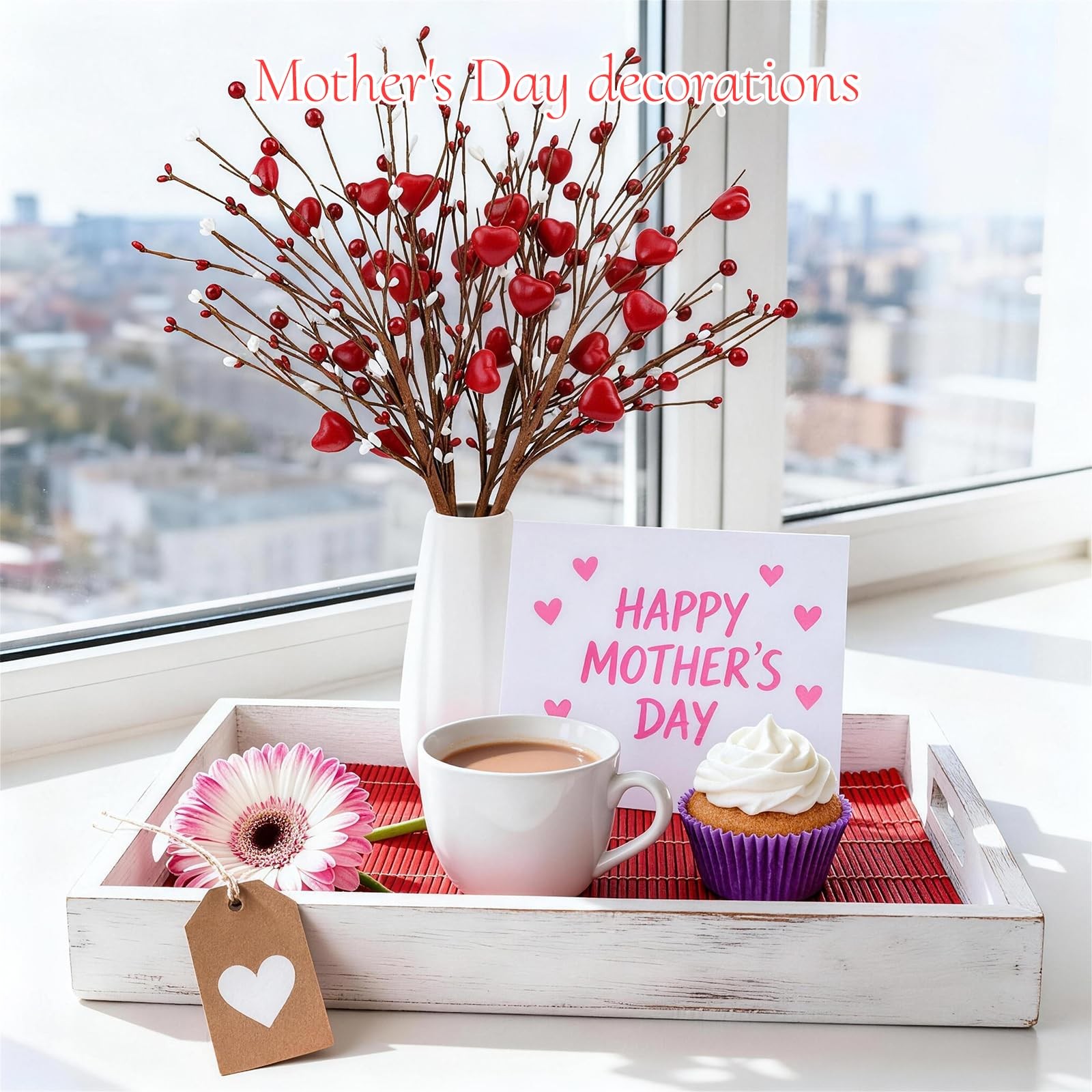 4Pcs Red Heart Berry Stems Artificial Flowers for Wedding and Anniversary
