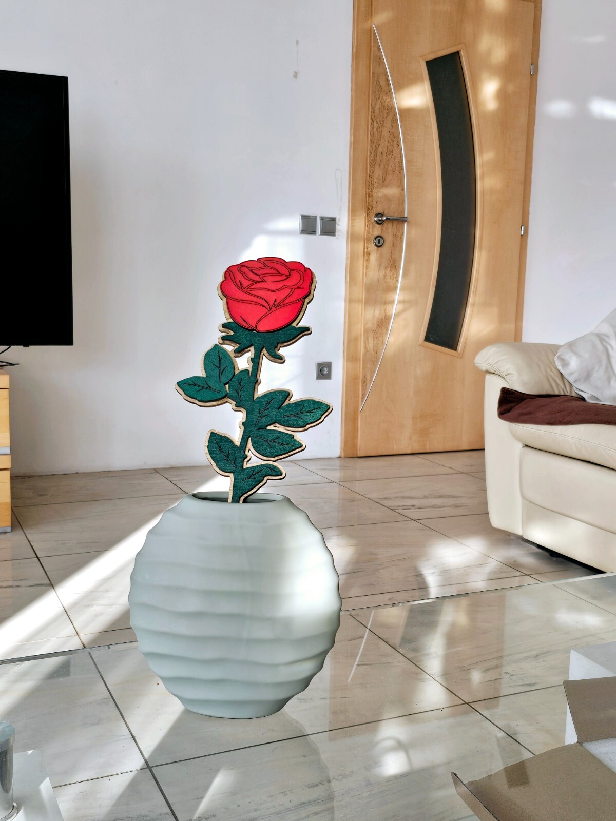 Oversized Wooden Rose – Personalized Large Decorative Red Rose with Gold Base