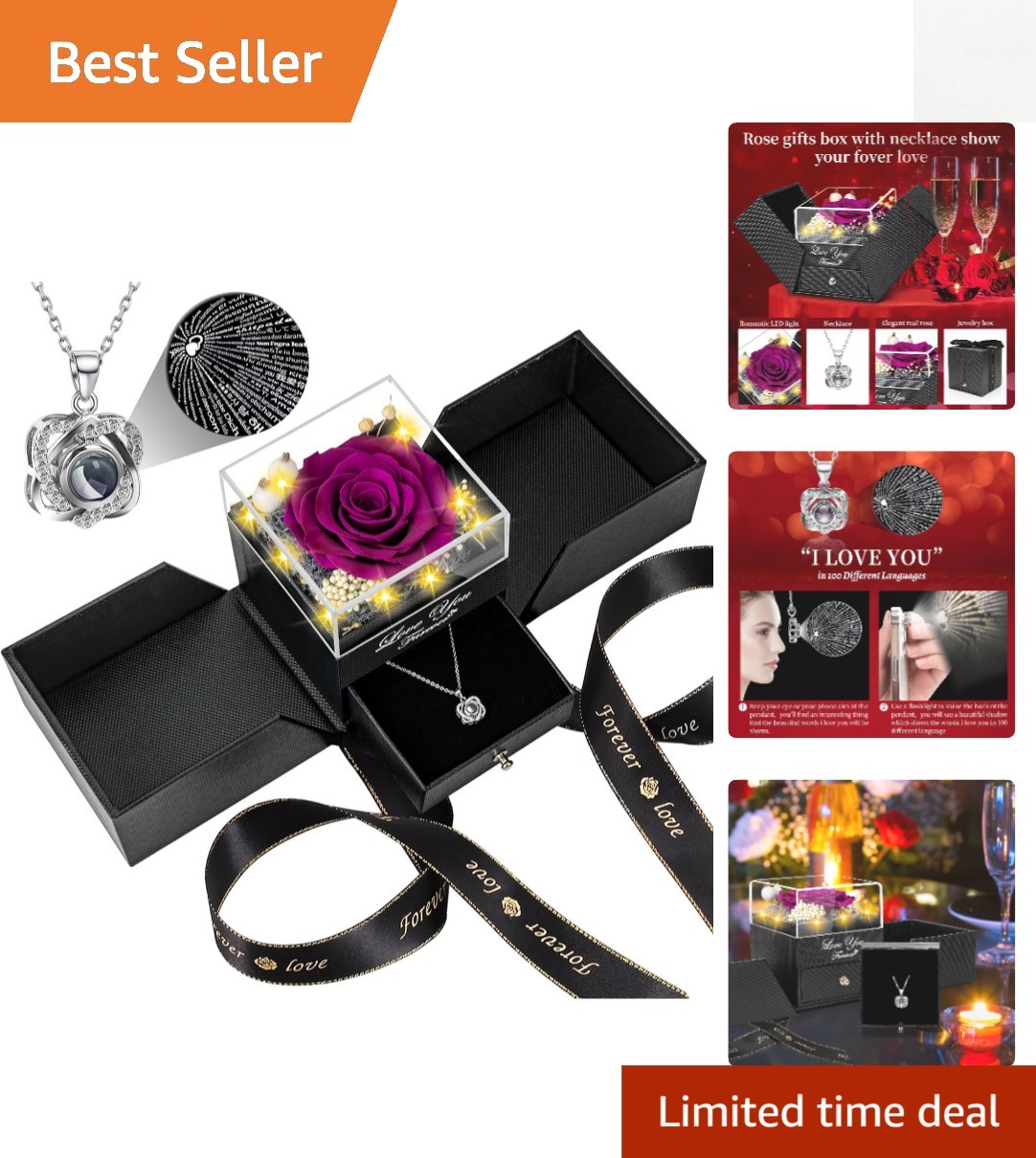 Eternal Purple Preserved Rose with Double Heart ‘I LOVE YOU’ Necklace Gift Set