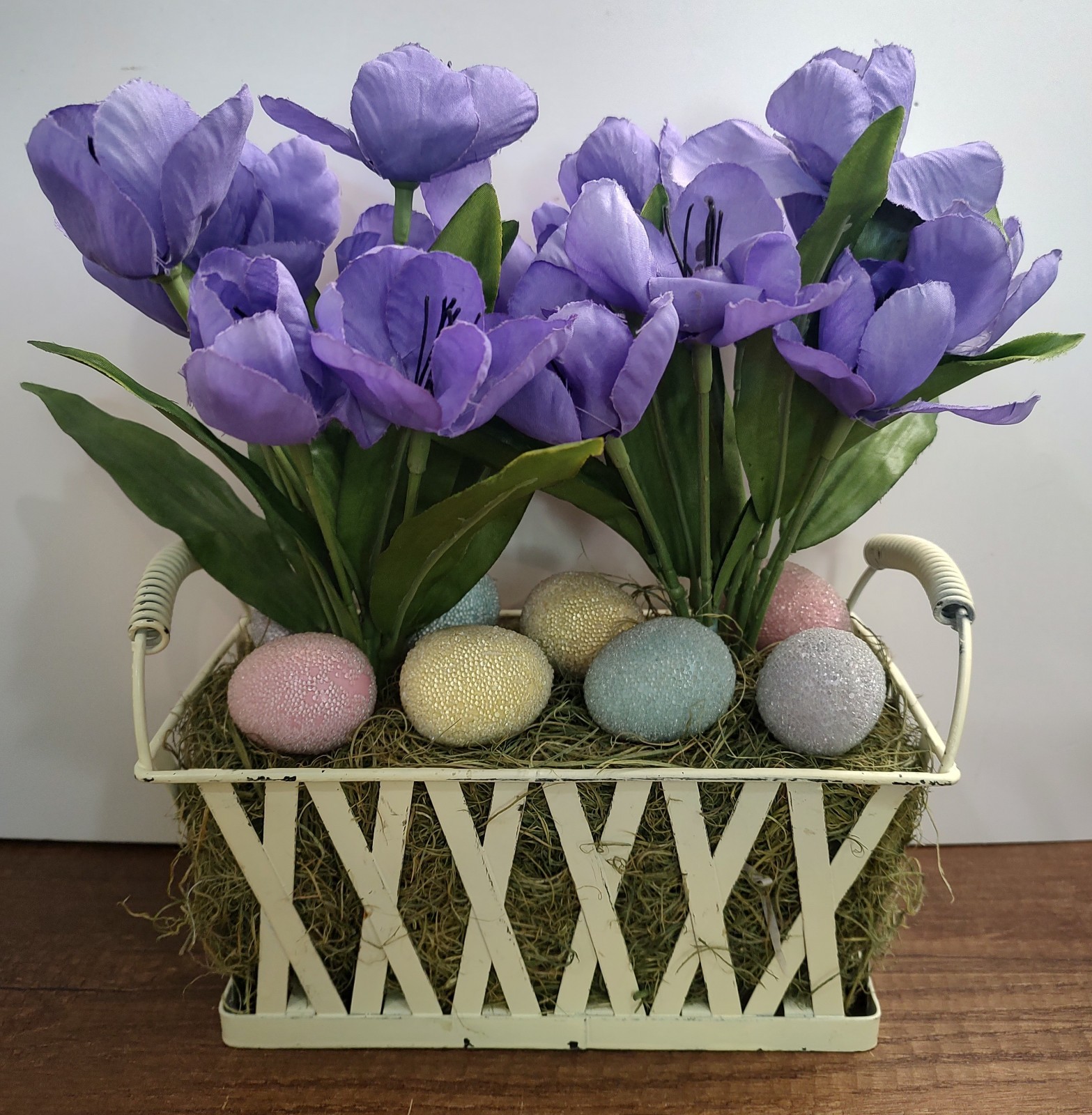 Easter Table Centerpieces Artificial Floral Purple Iris Metal Basket