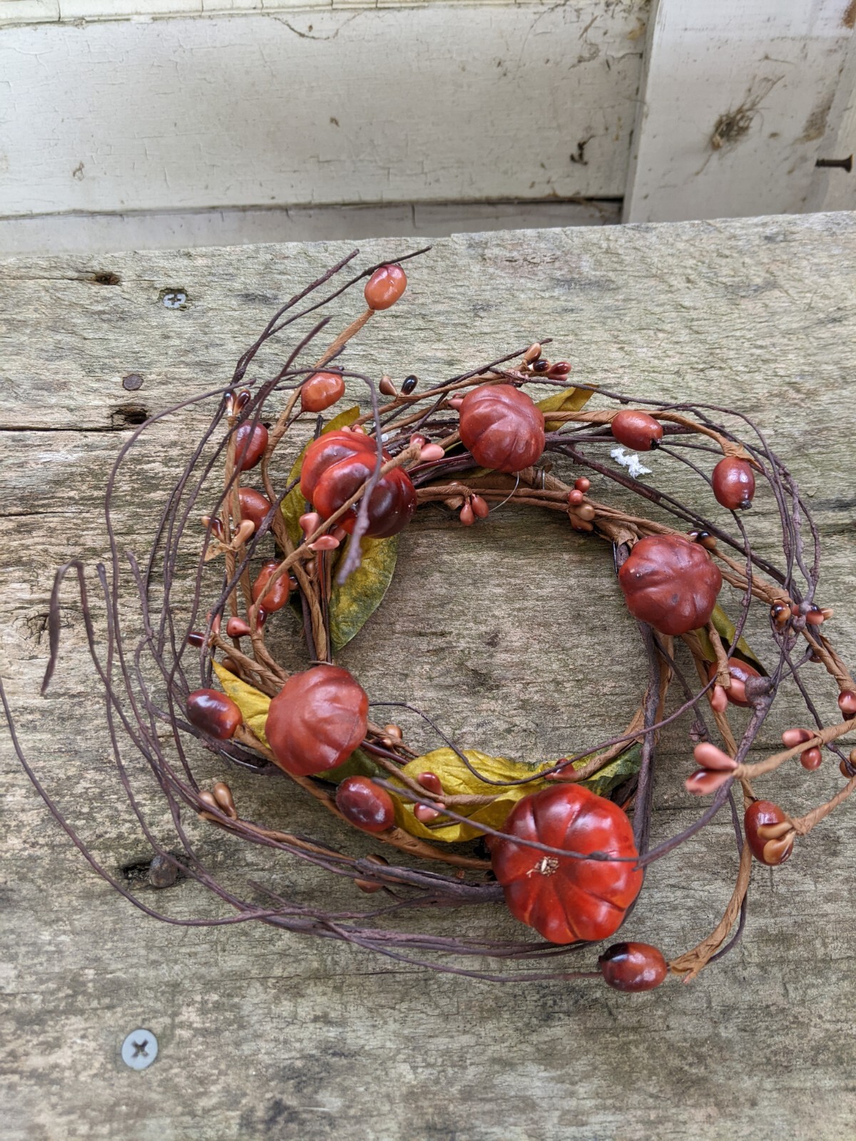 PUMPKIN BERRY CANDLE RING WREATH Pip Leaves Twig Autumn Fall Harvest 8″ x 3.5″