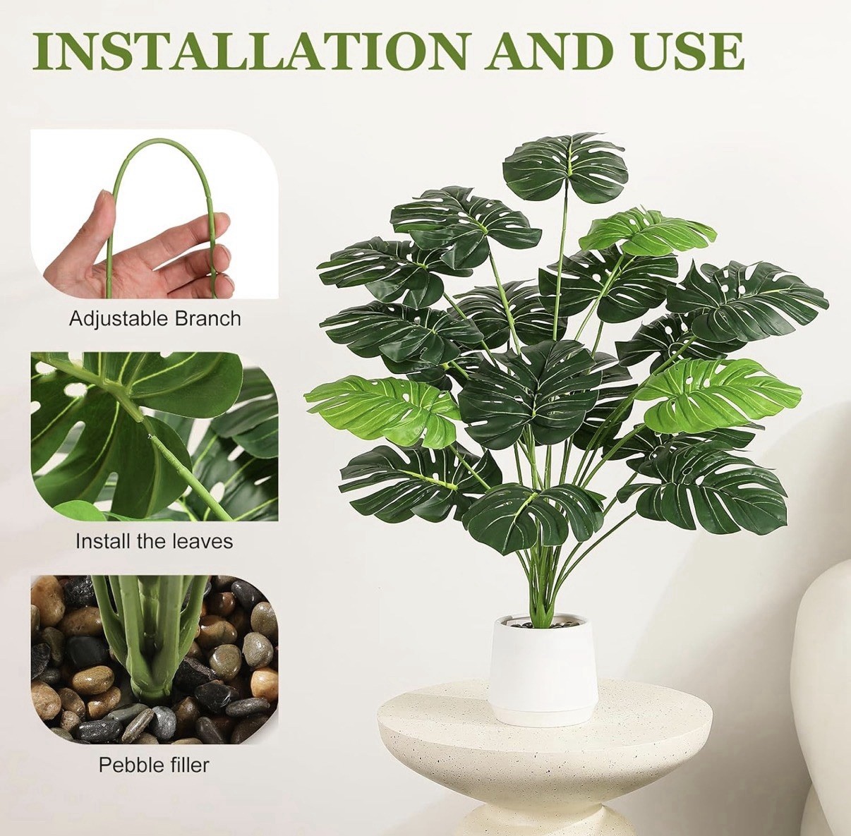 Artificial Monstera Houseplant, 26.3in, 16 Leaves, White Pot