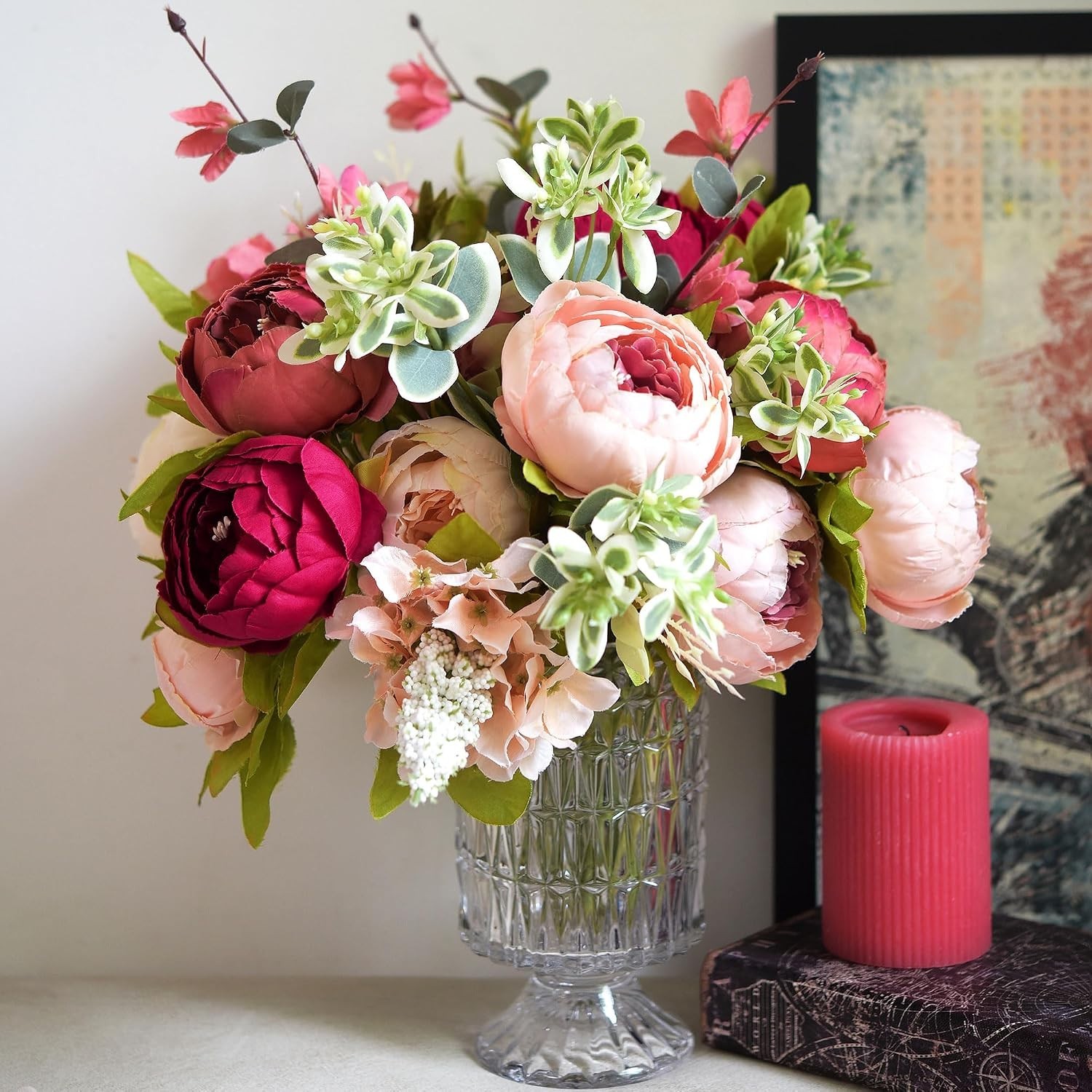 Romantic Pink Red Silk Peonies Hydrangeas