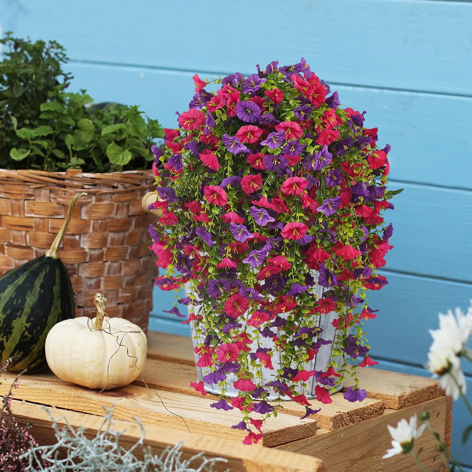 4 Bundles Artificial Hanging Flowers for Outdoors, UV Resistant Fake Morning Glo