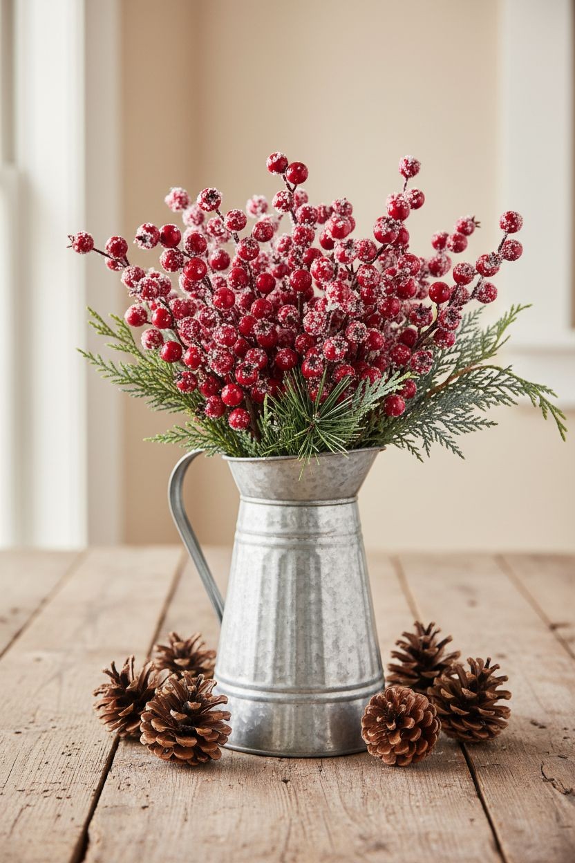 8 Frosted Red Berry Picks Winter Berry Stems Christmas Decor Faux Berry Branches