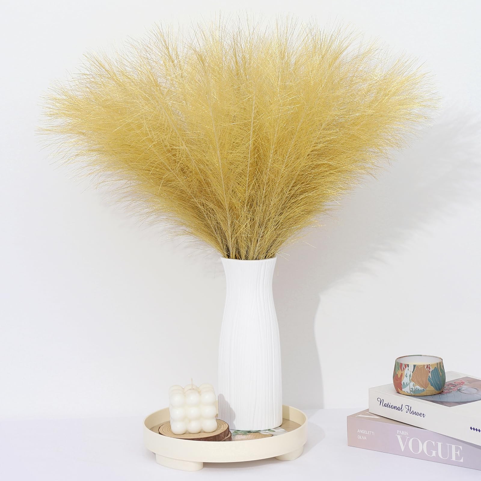 30 PCS Gold Pampas Grass Decor 21.7 Inch Faux Dried Flower Small Vase Fill