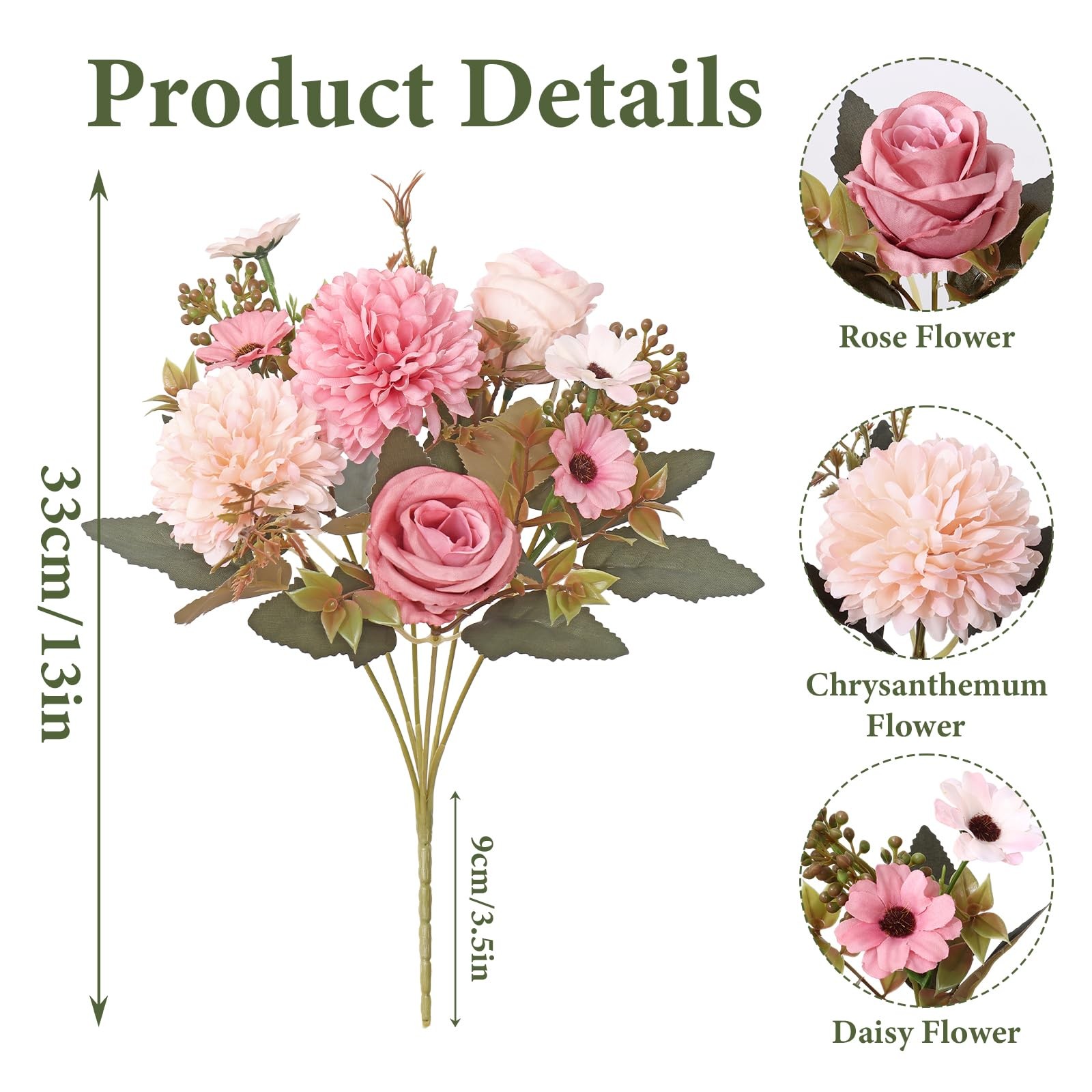 Artificial Fake Flowers,4PCS Pink Artificial Flower Bouquet with Chrysanthemu…
