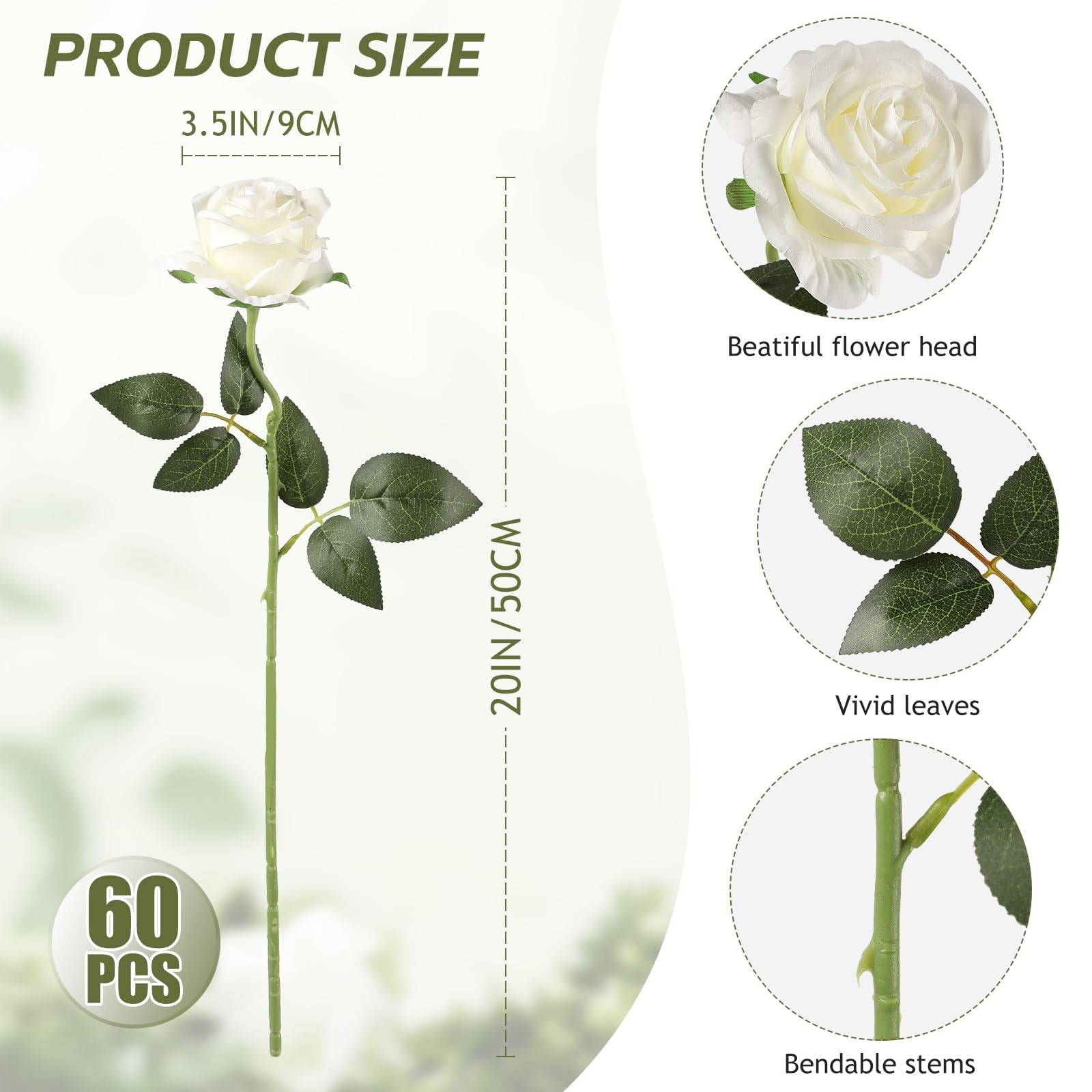 60 Pcs White Roses Artificial Flowers Bulk, Silk Roses with Stem Realistic Wh…