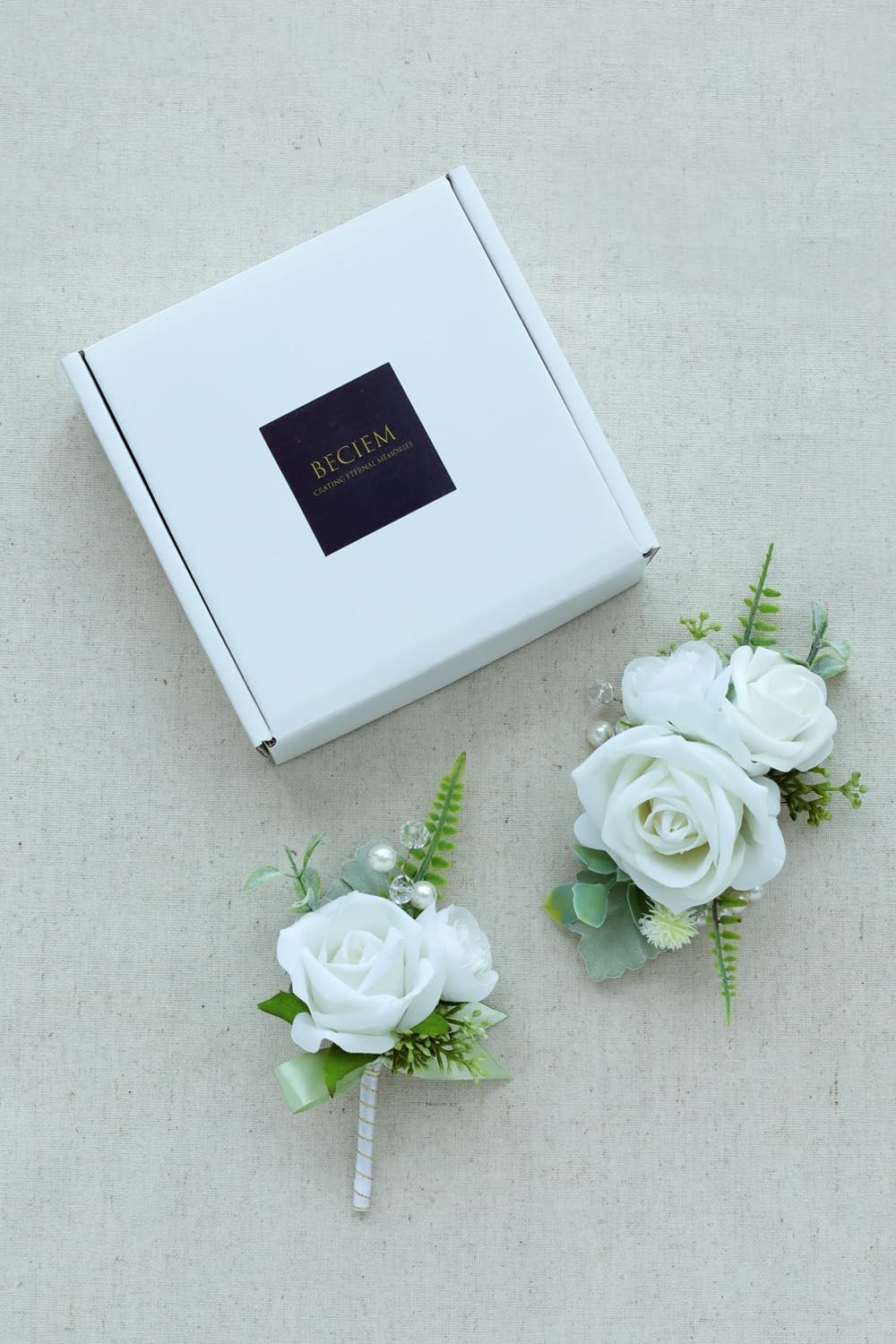 White Green Corsage Boutonniere Set Prom Wedding Homecoming Wristlet Decor
