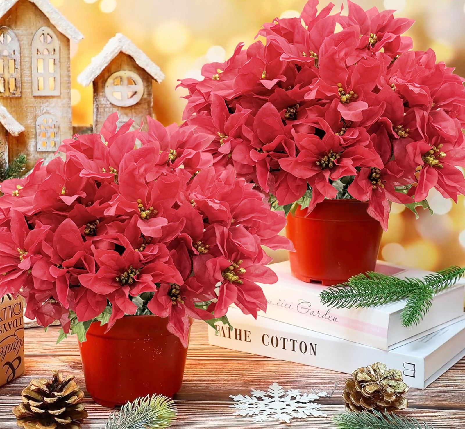 8 PCS Christmas Artificial Flower Red Poinsettia 7 Head Silk Floral Bouquet
