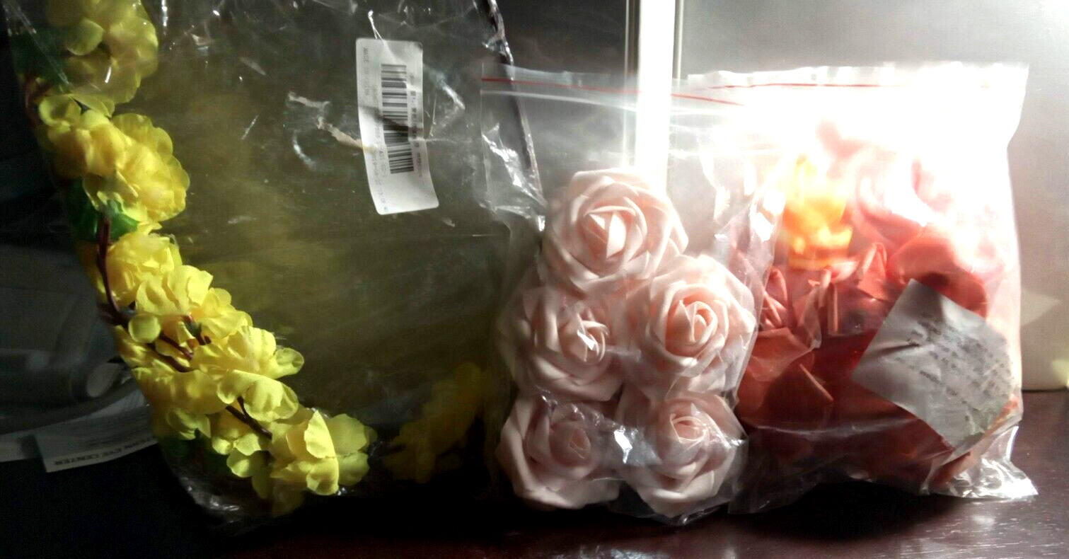 Artificial Flowers Pink Roses and Yellow Long Stem Flower Trail 17 Item