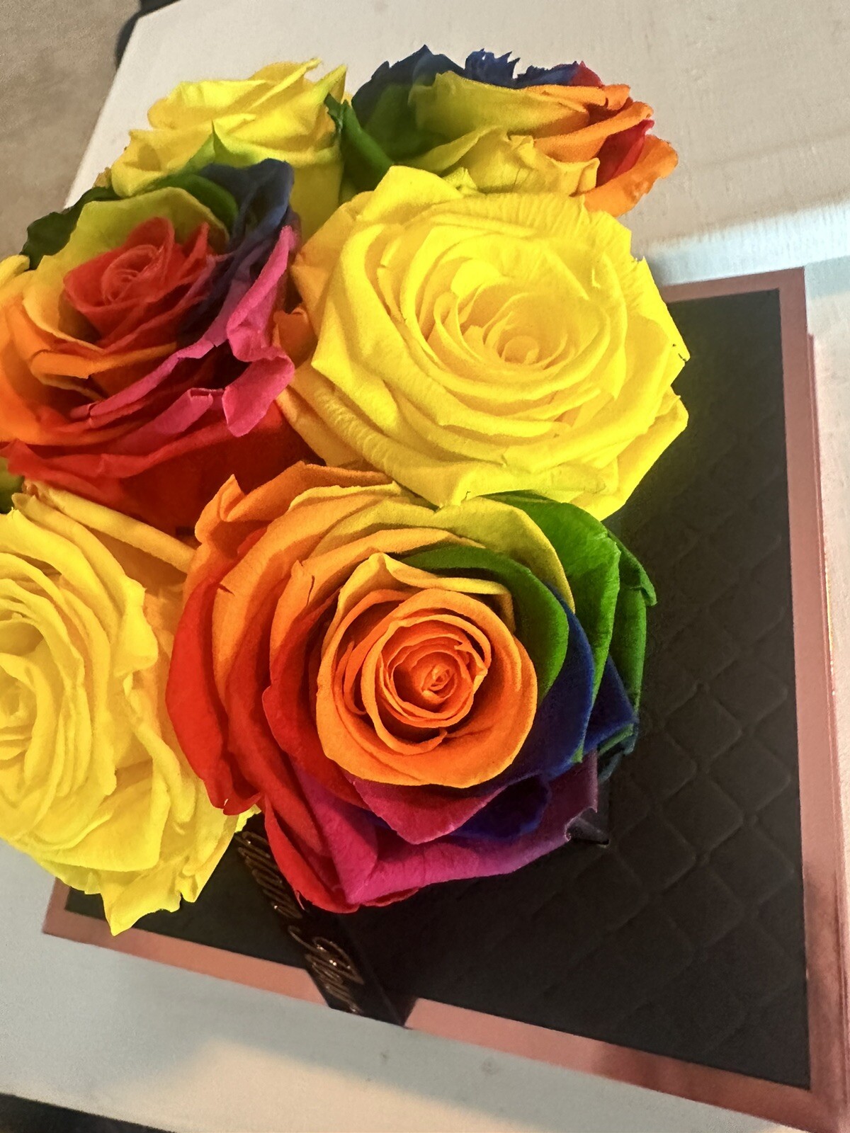 Glam Fleur Preserved 9 Yellow And Colorful Real Roses in Square Gift Box