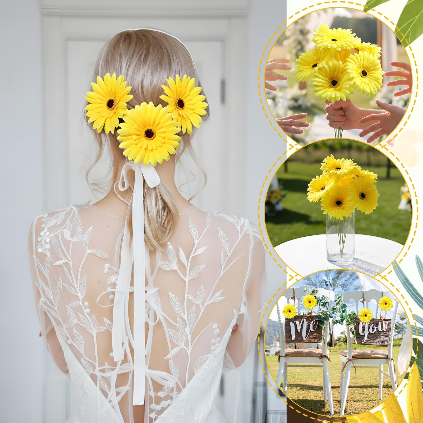 100 Pcs Flowers Long Stem Artificial Daisy, 4 Inches Silk Gerbera Head Flower…