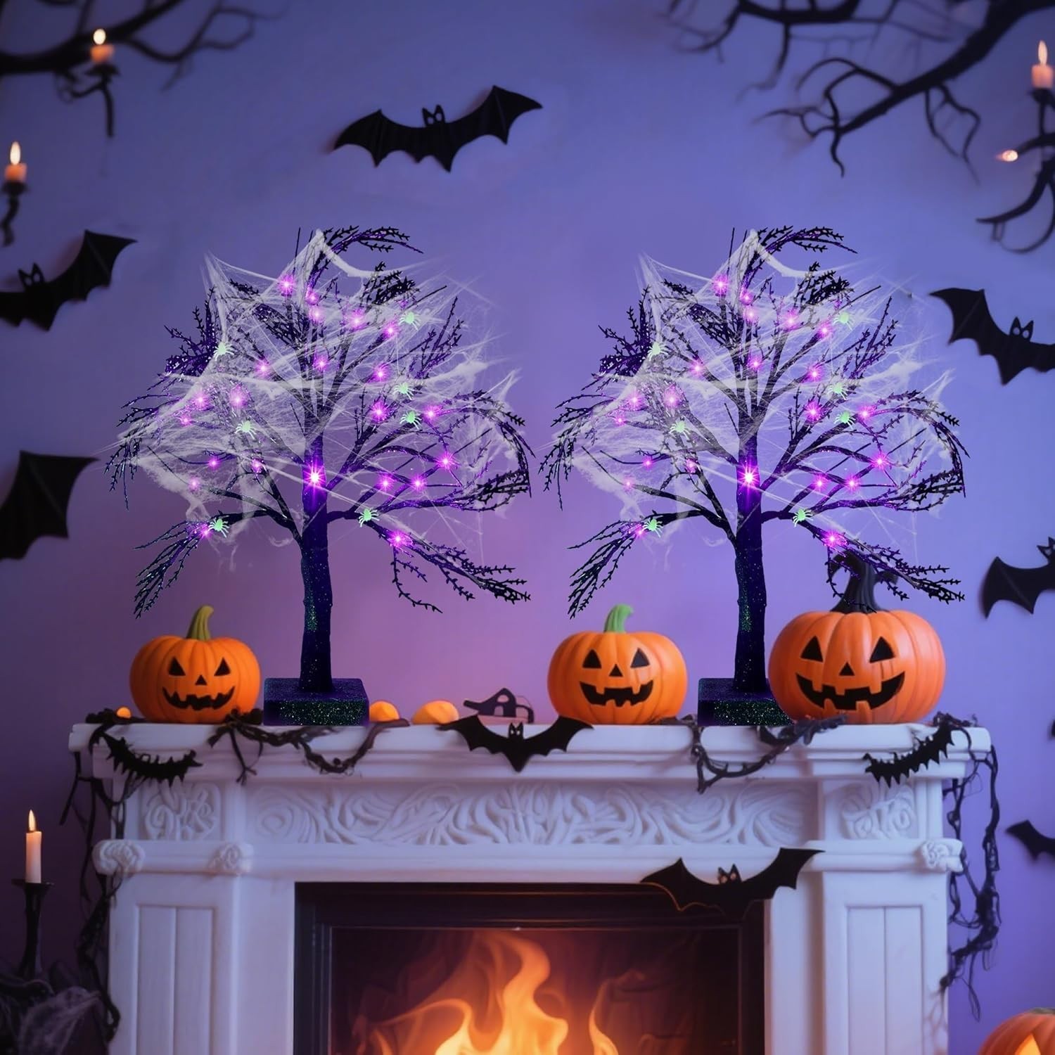 2 Pcs Halloween Black Spooky Tree with 24 LED Purple Lights, Spider Web and 1…