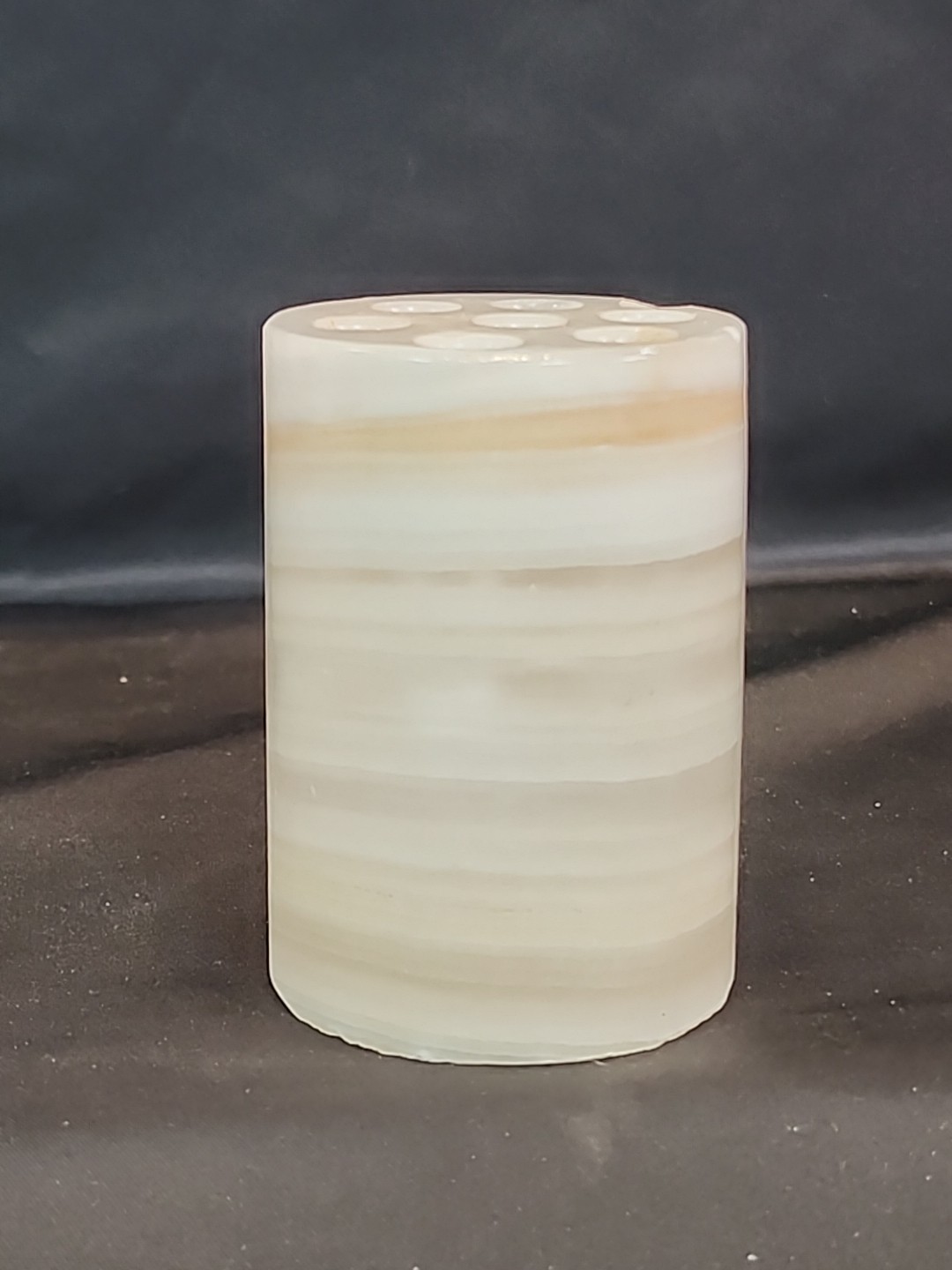 Vintage Variegated Earth Toned Onyx Marble 3″, 7 Hole Flower Frog Italy