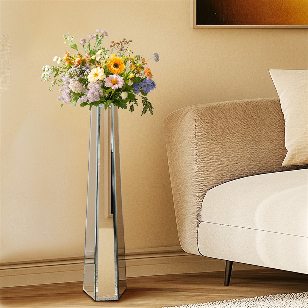 Modern Decorative Floor Glass Vase for Faux Flowers, Silver Mirror Vase 30” Tall