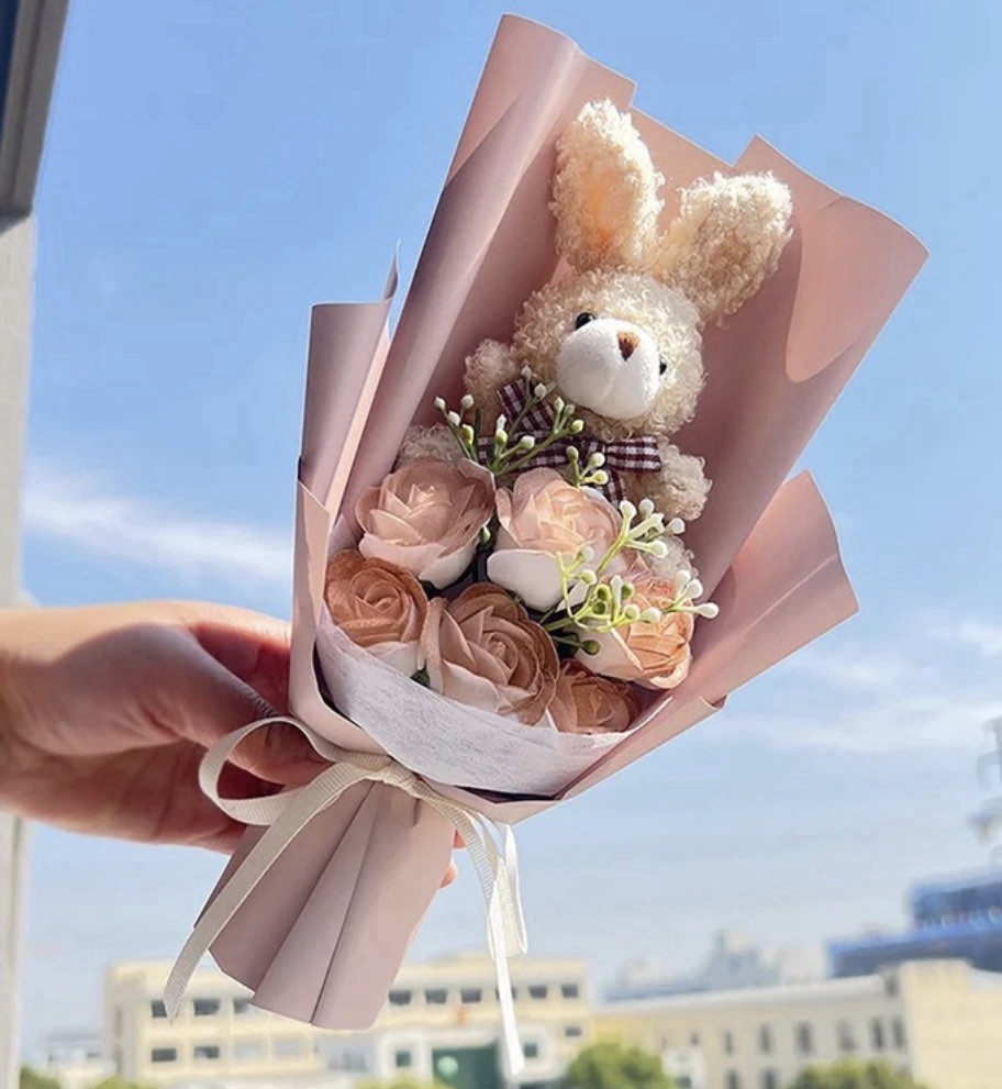 Bunny Bouquet,Stuffed Animal with Artificial Rose Bouquet- Beige & Brown NEW