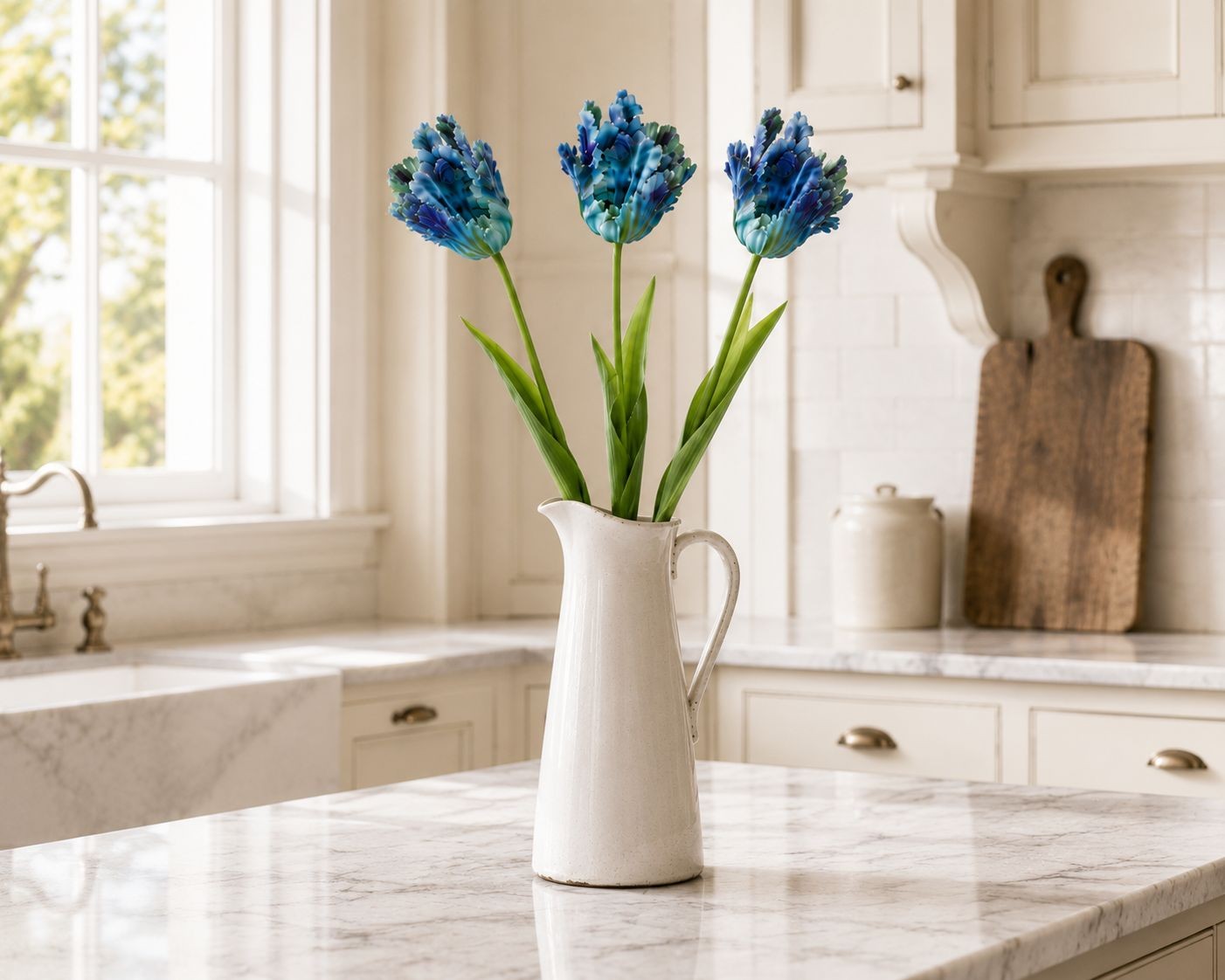 Blue Faux Tulips Set of 3 Artificial Parrot Tulips 27 Inch Tall
