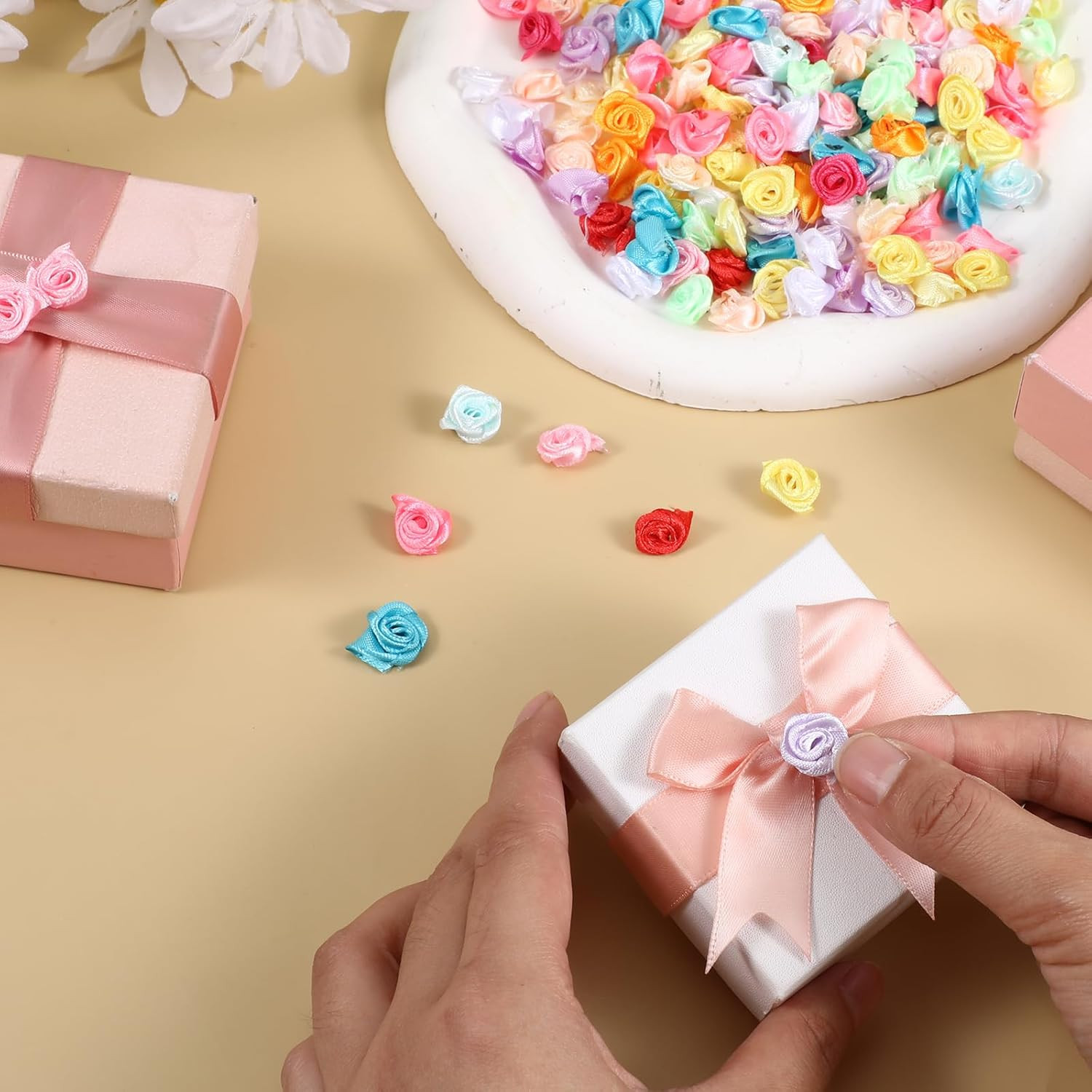 300 Pcs Mini Roses for Crafts, Satin Ribbon Roses, Multicolor Mini Rose Flowers,