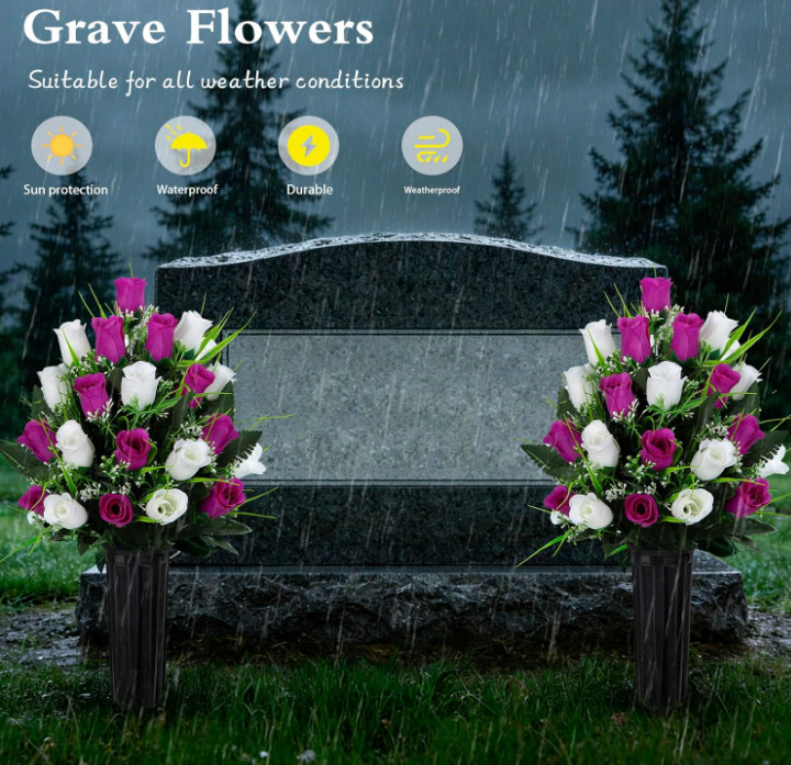 2 Sets Artificial Cemetery Flowers, Grave Decorations Roses, Memorial Flowers Bo