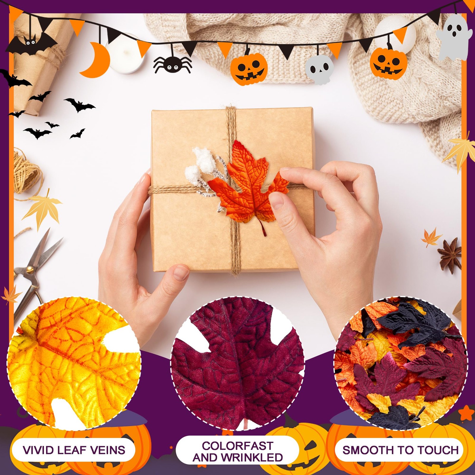 50 Pcs Autumn Maple Leaf Artificial Fall Leaves 9.8cm 3.1 Inch Halloween Decor